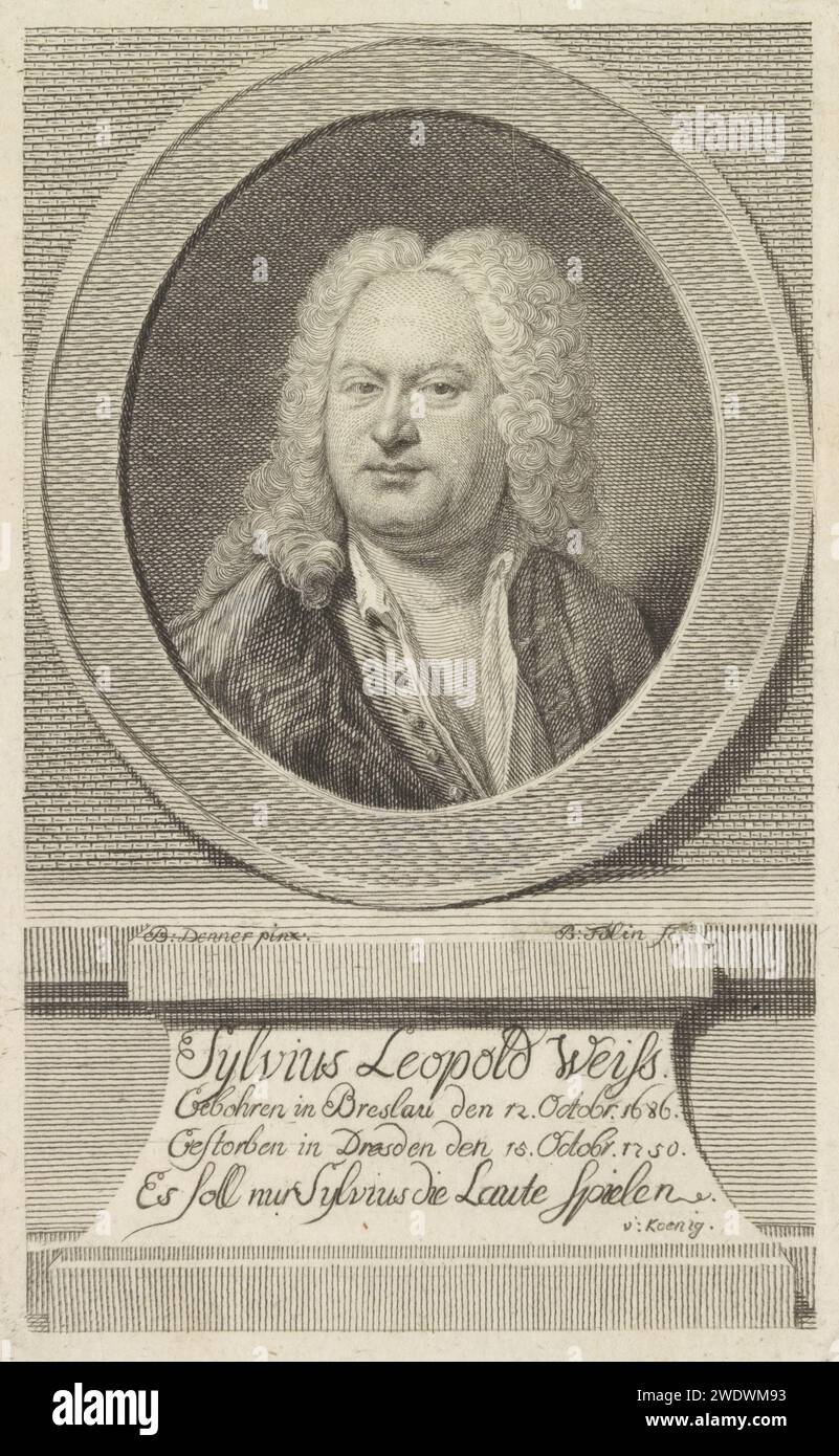 Ritratto del compositore e liutista Sylvius Leopold Weiss, Bartolommeo Follin, dopo Balthasar Derner, 1740 - 1808 tipografia: Italyafter pittura di: Germania incisione carta persone storiche. ritratto di un musicista Foto Stock