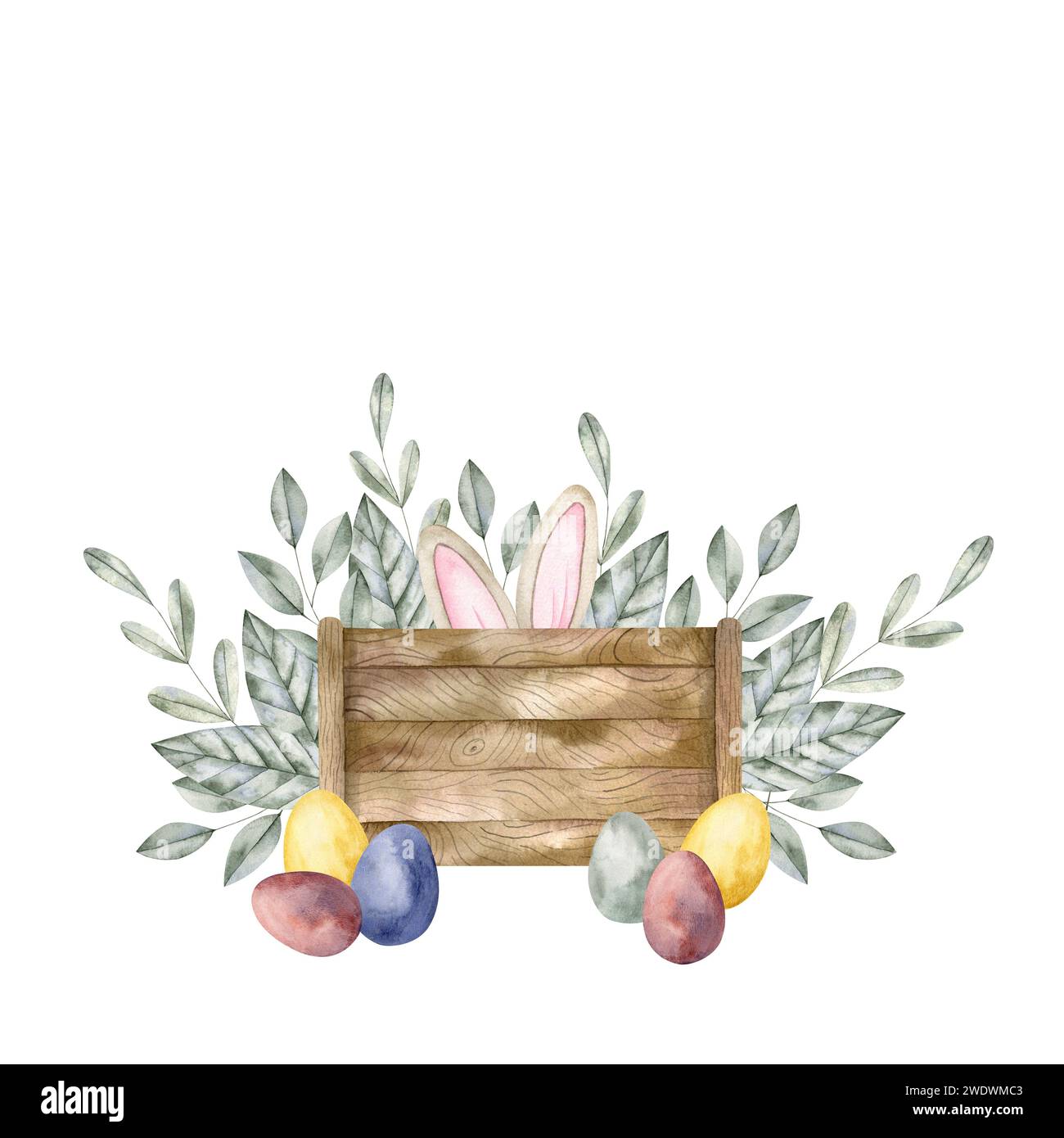 Illustrazione ad acquerello disegnata a mano con scatola di pasqua e orecchie di coniglio. Composizione per decorazioni e souvenir di design, poster, cartoline, stampe. Foto Stock