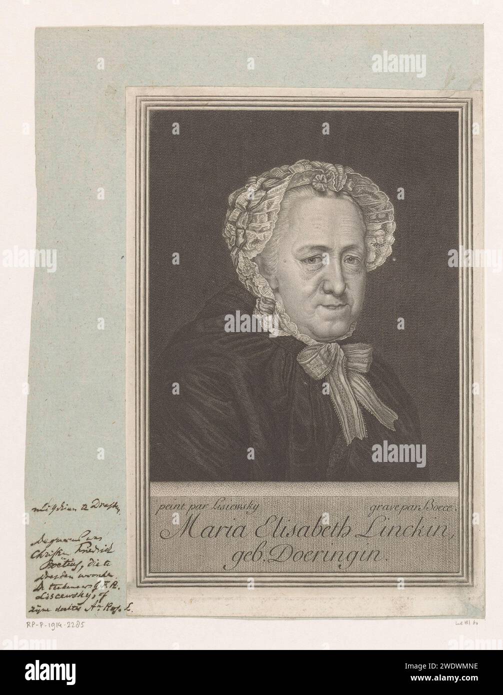 PortraT van Maria Elisabeth Linck, Christian Friedrich Boëtius, After Christian Friedrich Reinhold Lisiewski, 1752 - 1782 stampa Dresden paper etching / incisione persone storiche - BB - donna Foto Stock