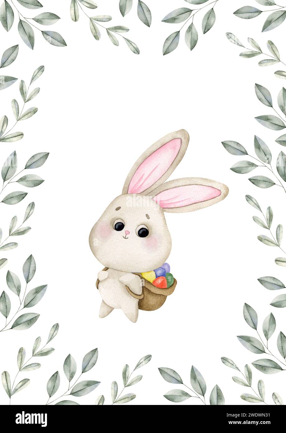 Illustrazione ad acquerello disegnata a mano con coniglio pasquale. Composizione per decorazioni e souvenir di design, poster, cartoline, stampe Foto Stock