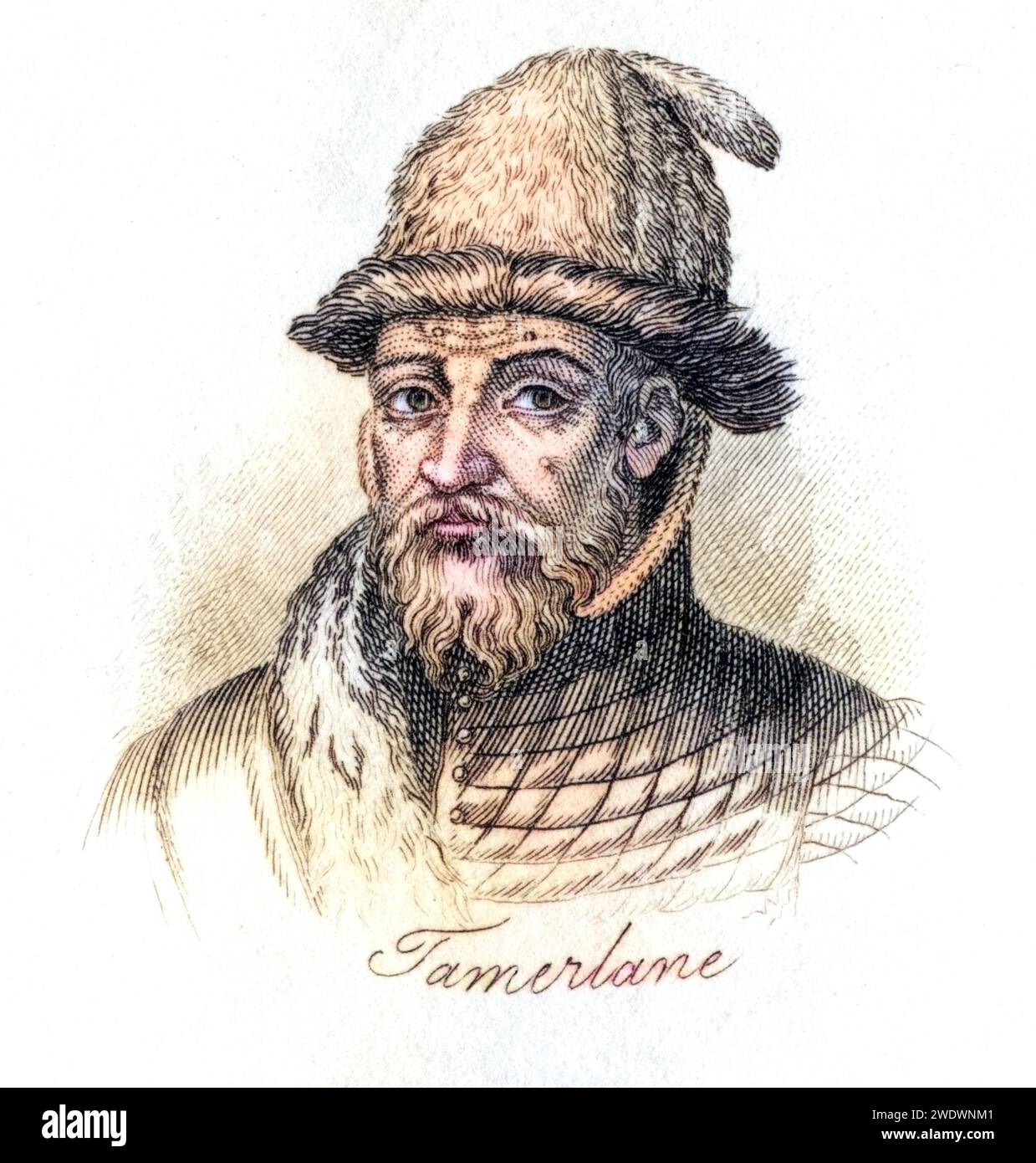 Tamerlane, 1336-1405, auch bekannt als Temur, Taimur, Timur Lenk, Timur i Leng, Tamburlaine, oder Taimur-e-Lang. Mongolisch-türkischer Eroberer, Herrscher des Timuridenreiches, 1370-1405. Begründer der Timuriden-Dynastie, Historisch, digital restaurierte Reproduktion von einer Vorlage aus dem 19. Jahrhundert, data record non indicata Foto Stock