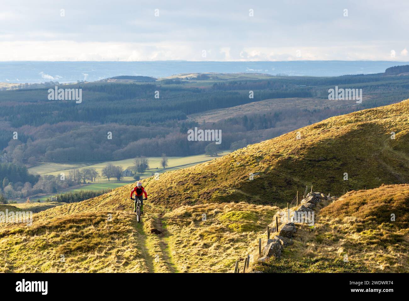 Un mountain bike vicino alla cima di Benarty Hill a Fife Foto Stock