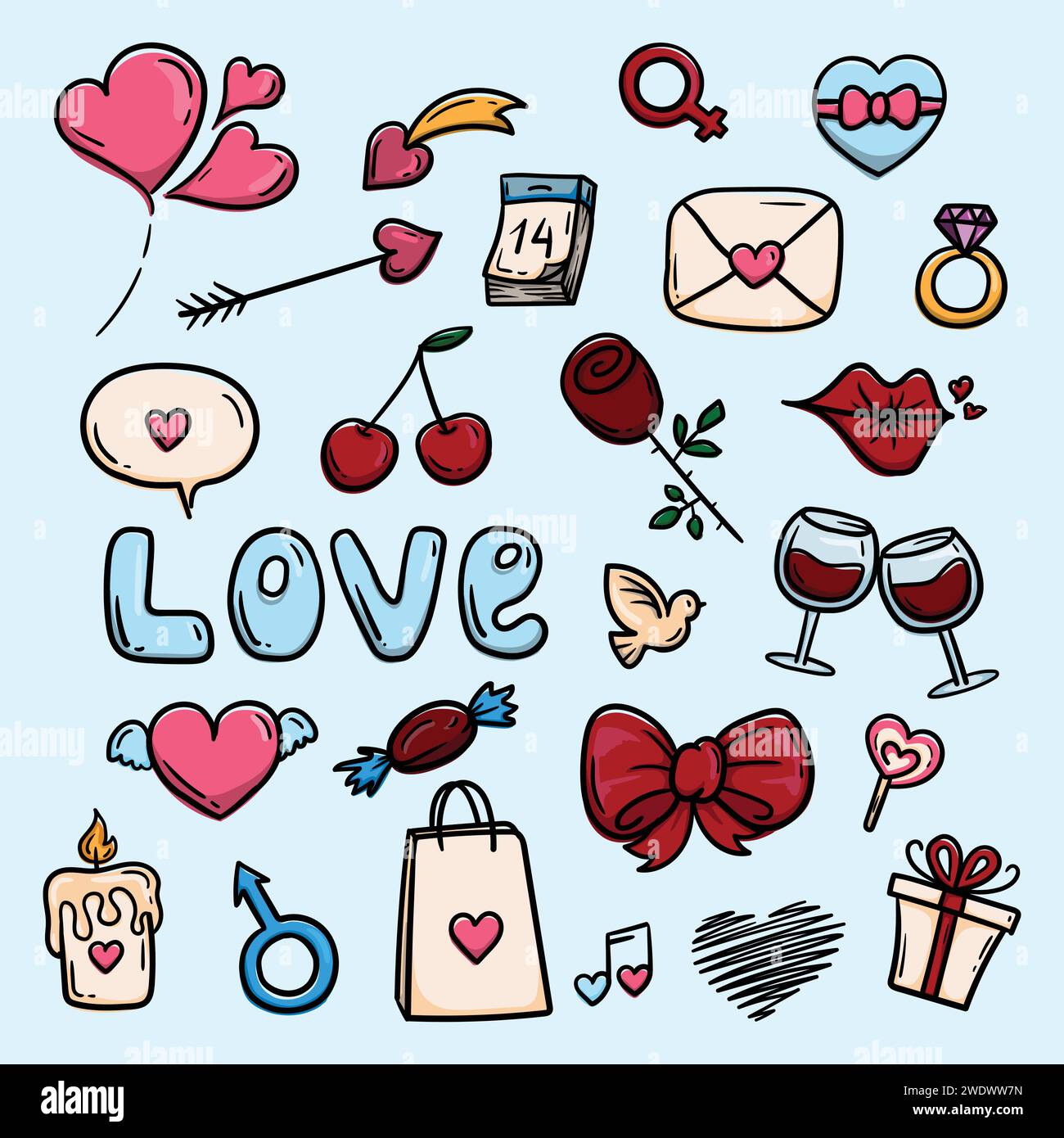 Set di elementi disegnati a mano per San Valentino Illustrazione Vettoriale