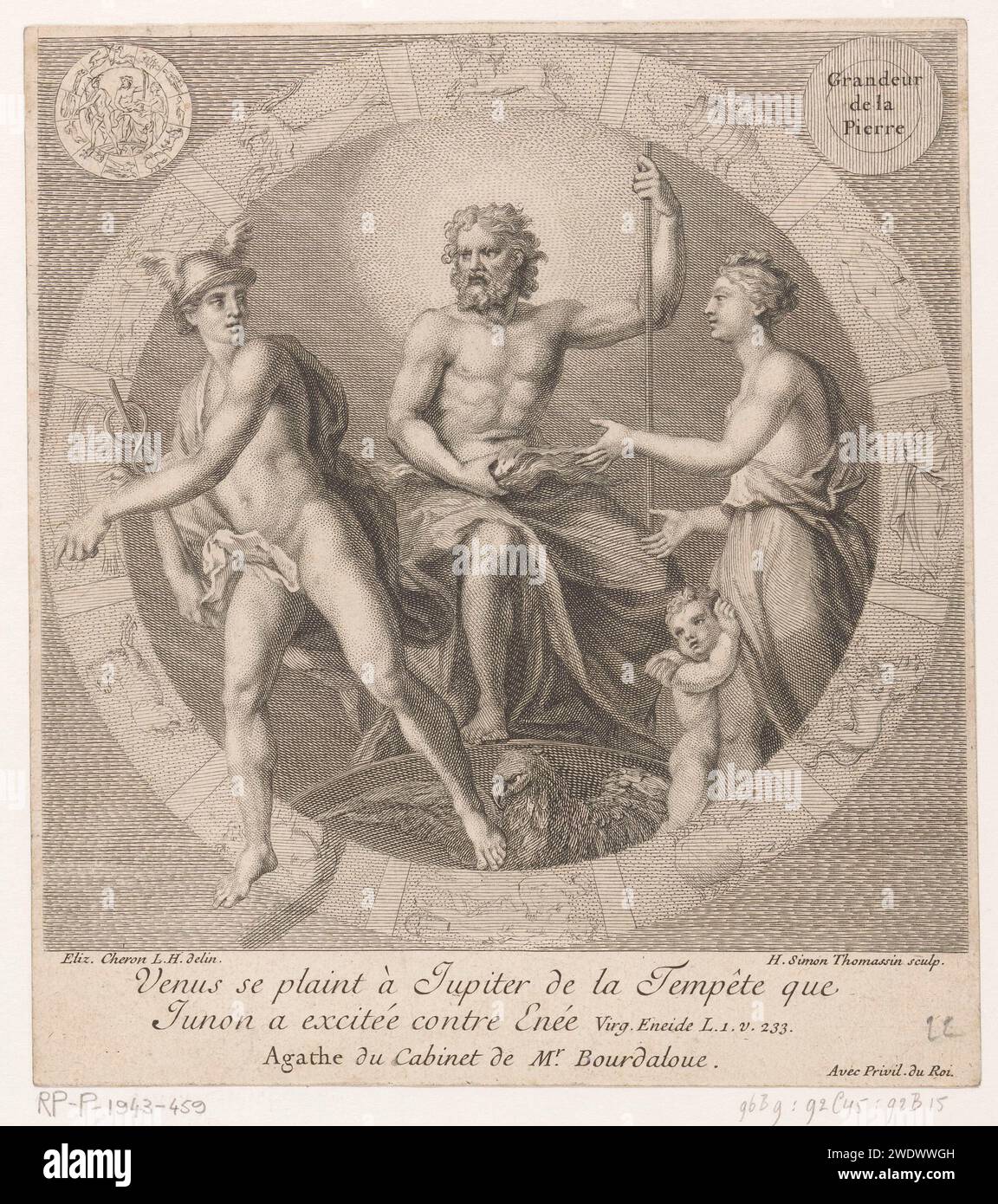 Venere si lamenta con Giove del destino di Enea, Simon Thomassin, dopo Elisabeth Sophie Chéron, 1665 - 1733 stampa Venere con Cupido sulla gamba si lamenta con Giove, in piedi su un'aquila su Giunone con il suo mercurio a sinistra, le scene di incisione / incisione su carta francese dell'Eneide che non possono essere collocate nella sequenza cronologica della storia. Attività e relazioni non aggressive, amichevoli o neutrali di Giove. Attività e relazioni non aggressive, amichevoli o neutrali di Venere. Attività e relazioni non aggressive, amichevoli o neutrali di mercurio Foto Stock