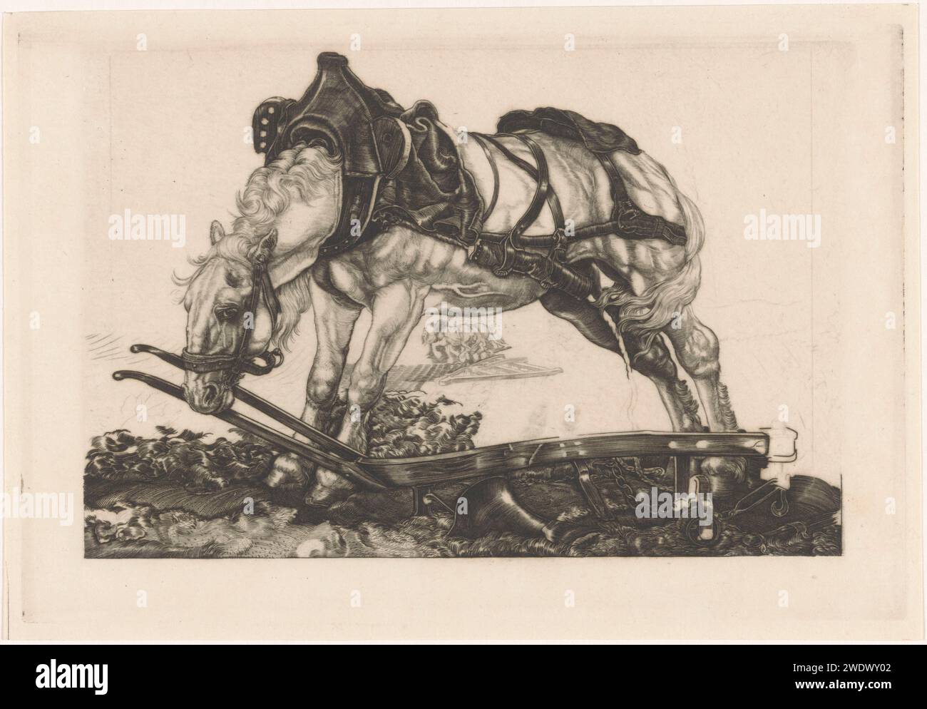 Cavallo di squadra di riposo, Pieter Dupont, 1902 stampa Un cavallo è piegato sopra una squadra. Sotto la pancia del cavallo, davanti a una EC e a un cavallo gemello arato. Cavallo per incisione di carta Nogent-sur-Marne. aratura Foto Stock