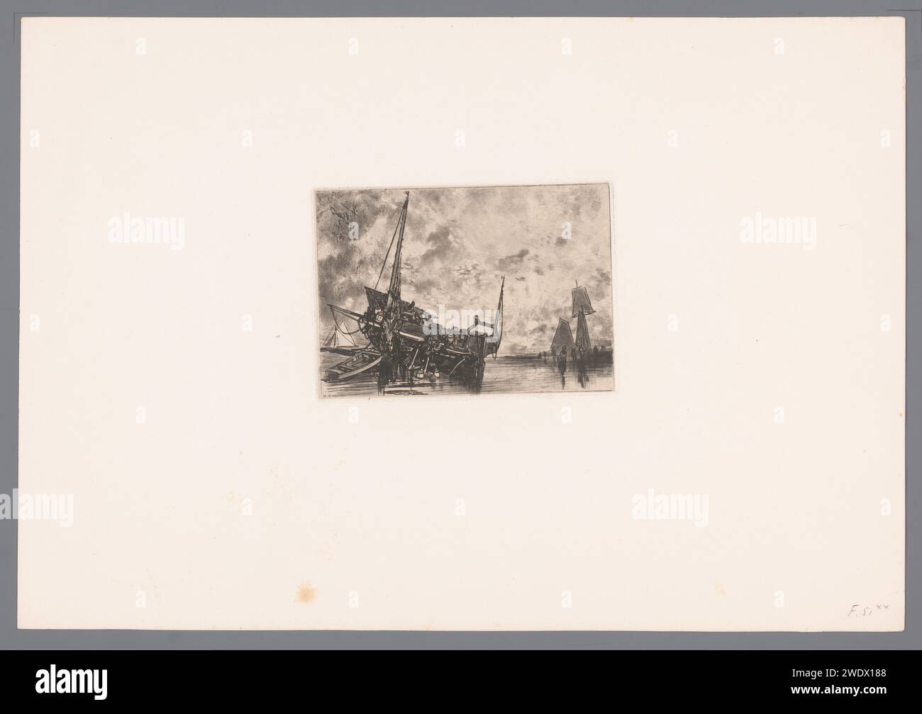 Chiatte del pescatore sulla costa, Louis-Adolphe Hervier, la stampa del 1875 fa parte di una copertina con sei stampe. Giornale di Parigi. litorale di incisione. barca a vela, barca a vela Foto Stock