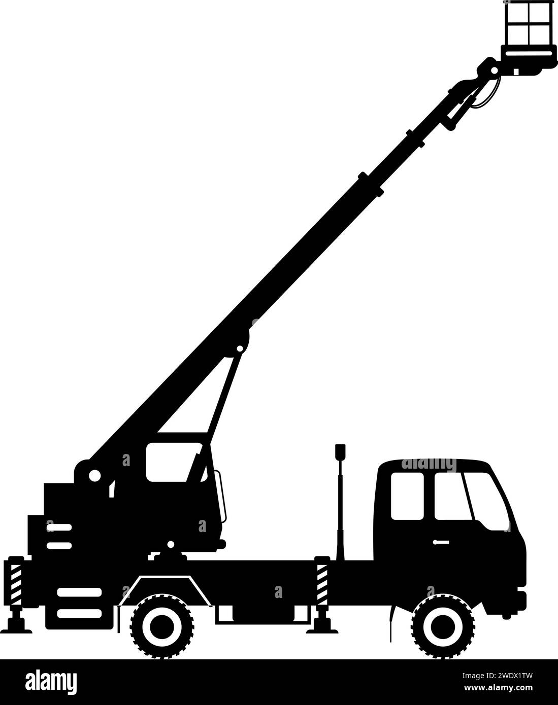 Silhouette dell'icona del dumper a benna con piattaforma di lavoro aerea in stile piatto. Illustrazione Vettoriale