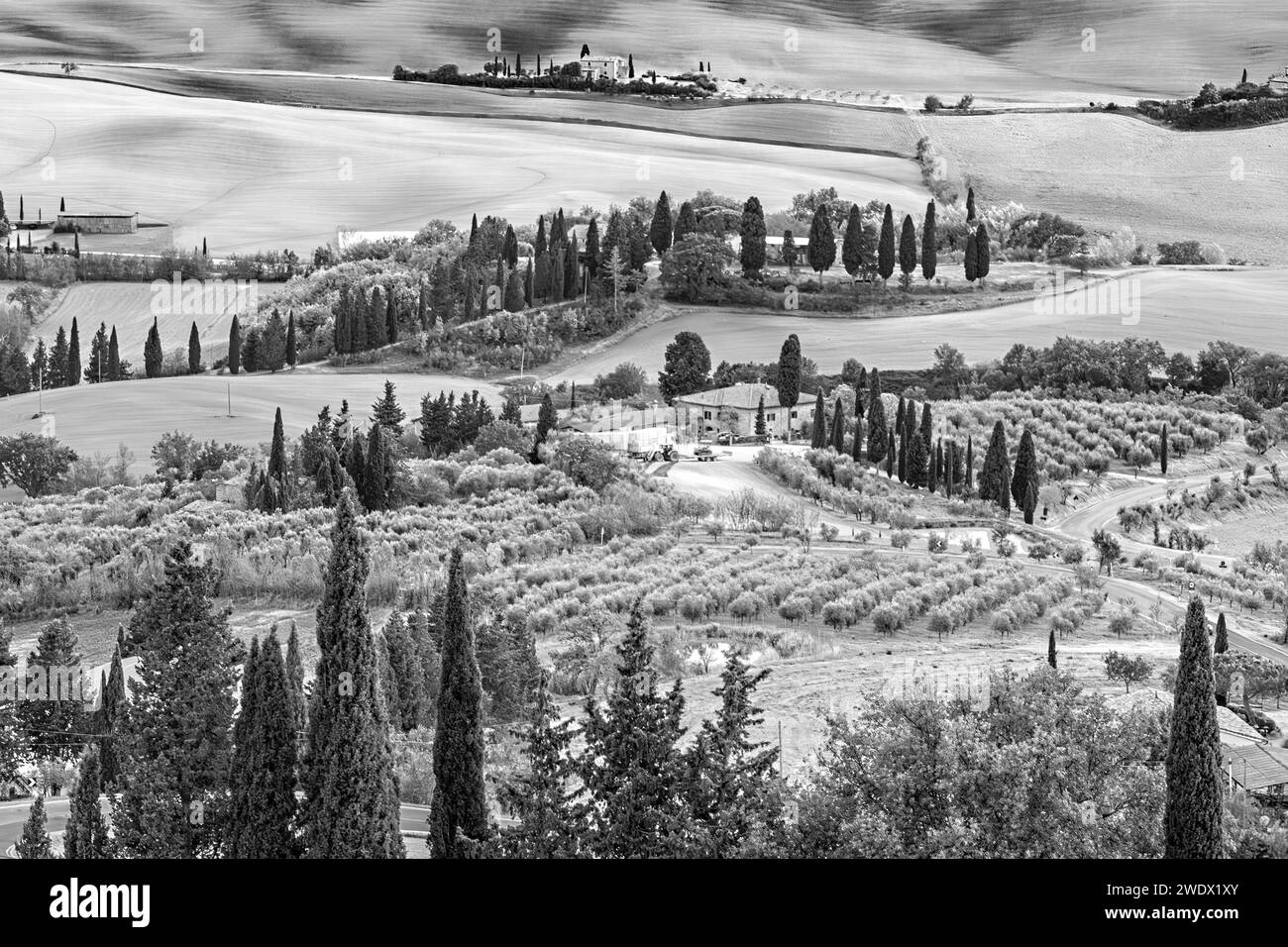 Paesaggio panoramico in Toscana con campi, fattorie, vicoli di cipressi e cielo panoramico in Italia Foto Stock