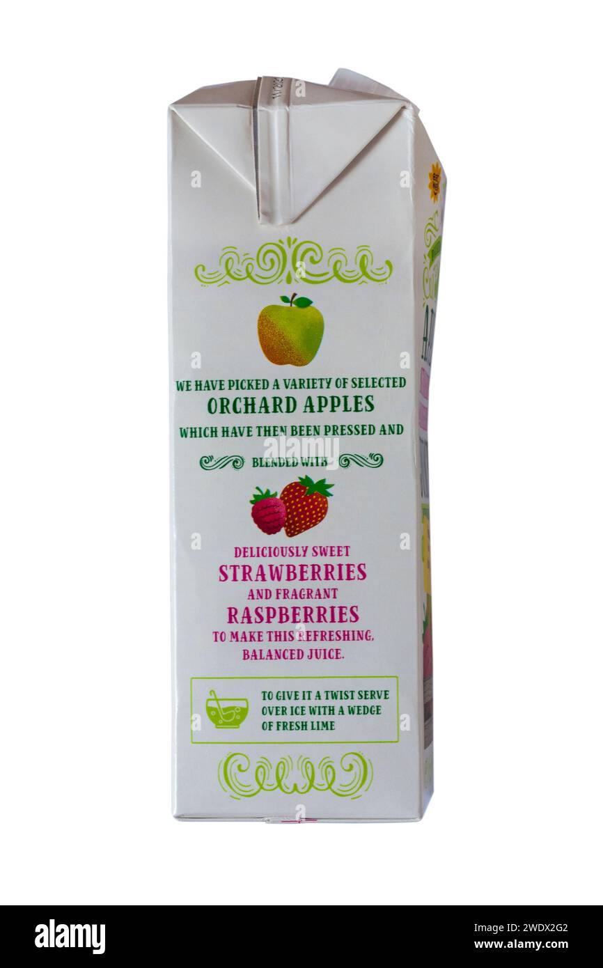 Informazioni sul cartone di succo di fragola di mele e lampone di M&S isolato su sfondo bianco Foto Stock