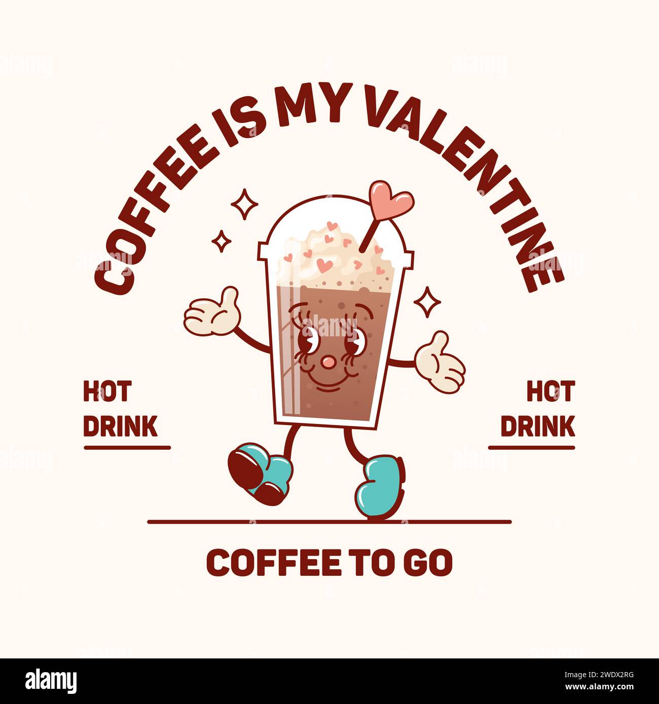 Tazza di caffè con panna montata che balla e sorride. Spruzzi di dolciumi, lecca lecca. Stile cartoni animati vintage alla moda. Groovy vintage poster vale Illustrazione Vettoriale