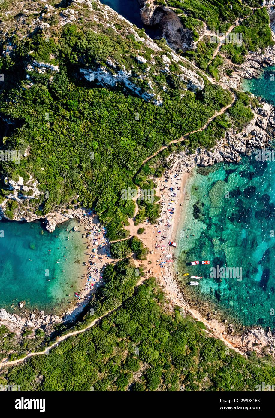 Porto Timoni (doppia) spiaggia, vicino al villaggio di Afionas, isola di Corfù ('Kerkyra'), mar Ionio, Grecia. Foto Stock
