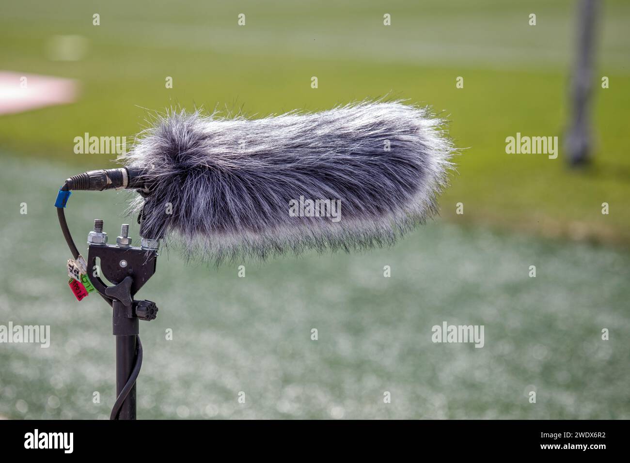 microfono che registra la voce durante una partita di calcio Foto Stock