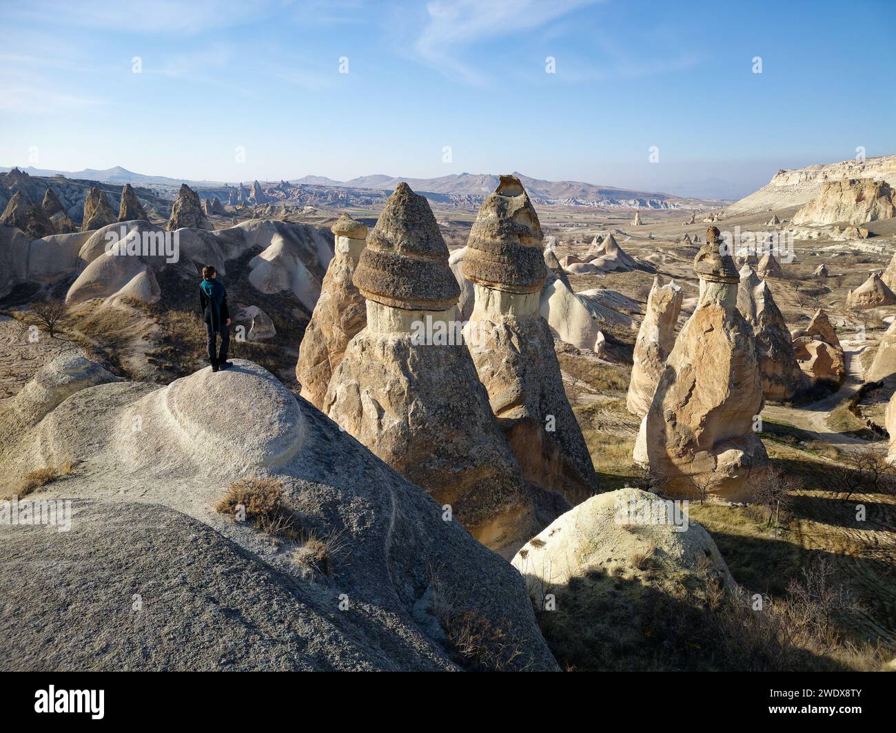 Vista di una persona che ammira la bellezza naturale della Valle di Pasabag o della Valle dei Monaci e dei camini delle fate in Cappadocia, Turchia. Foto Stock