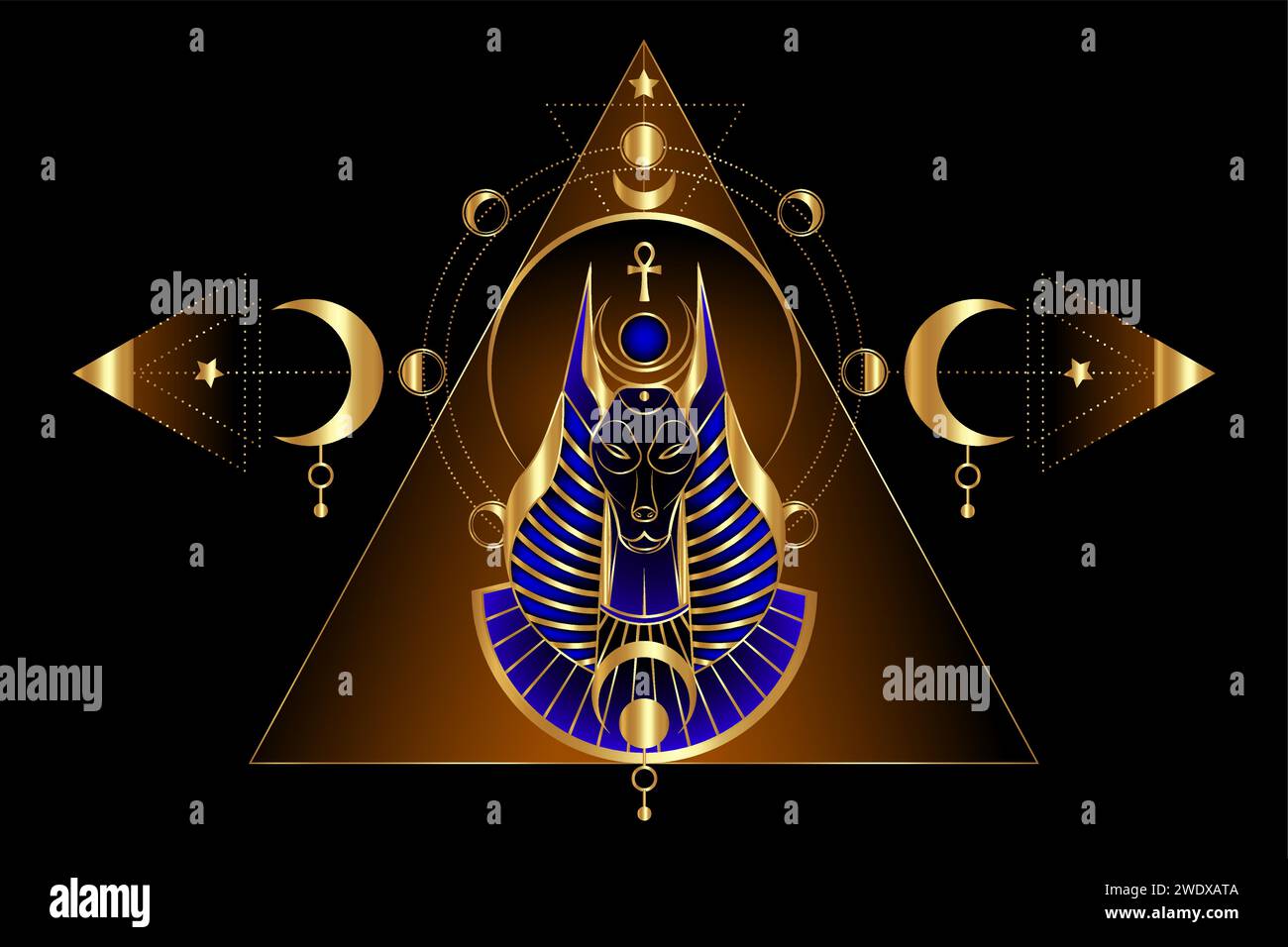 Mistico antico dio egizio Anubis sulla piramide. Fasi Gold Sacred Geometry e Celestial Moon. Divinità con testa canina. Dio della morte. Lusso d'oro Illustrazione Vettoriale
