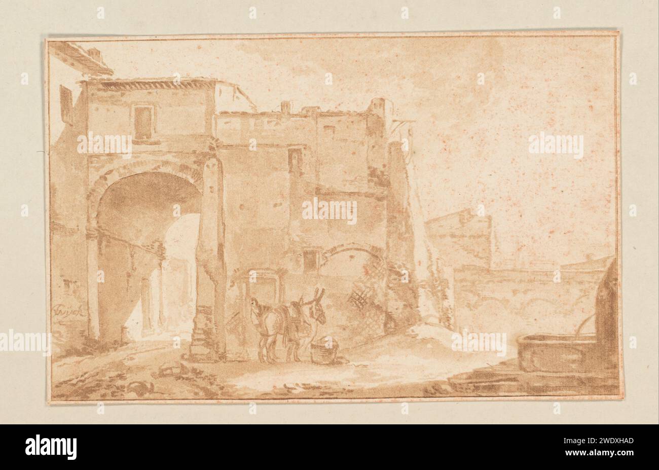 Poort con viaggiatore e muldier, Cornelis Brouwer, dopo Thomas Wijck, 1781 - 1782 stampa a un cancello ci sono un uomo e un mulo. Sulla destra una fonte d'acqua. La stampa è allentata in un album, vedere pagina 35. Carta di Amsterdam con vista sulla città e paesaggio con costruzioni artificiali. mulo Foto Stock