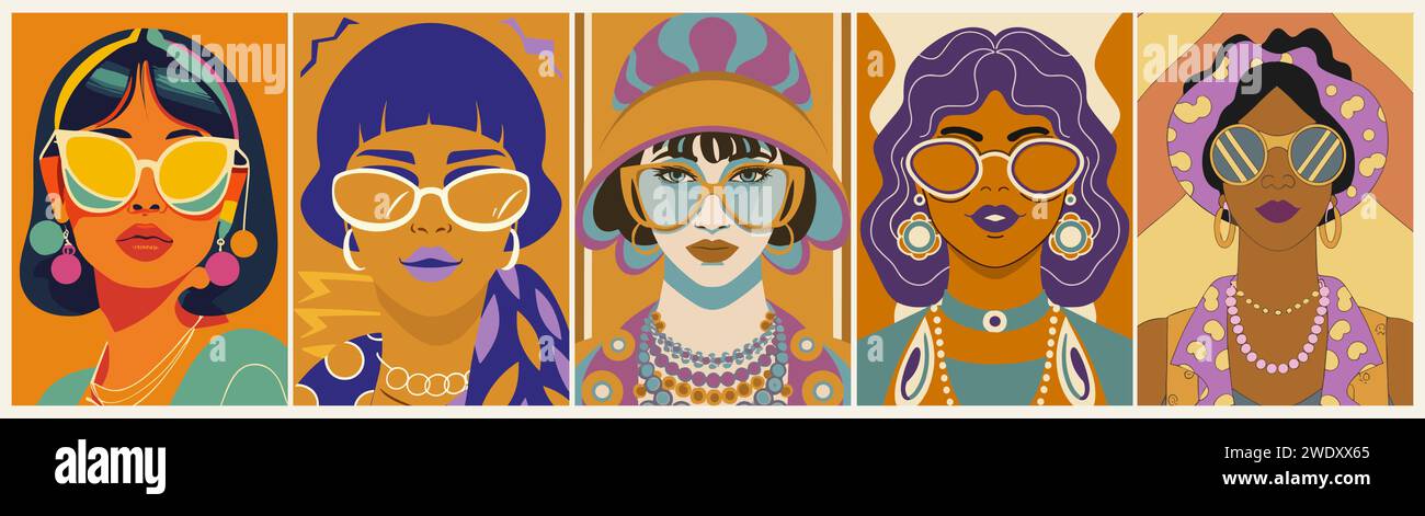 Set di bellissime donne Hippie in stile retrò anni '70. Illustrazione Vettoriale