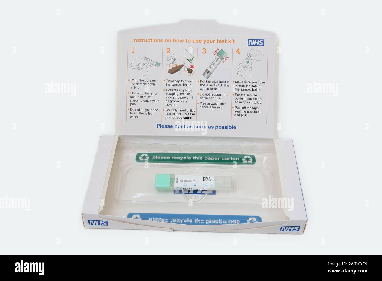 Kit Home test per screening del cancro intestinale NHS (test immunochimico fecale/FIT) Foto Stock