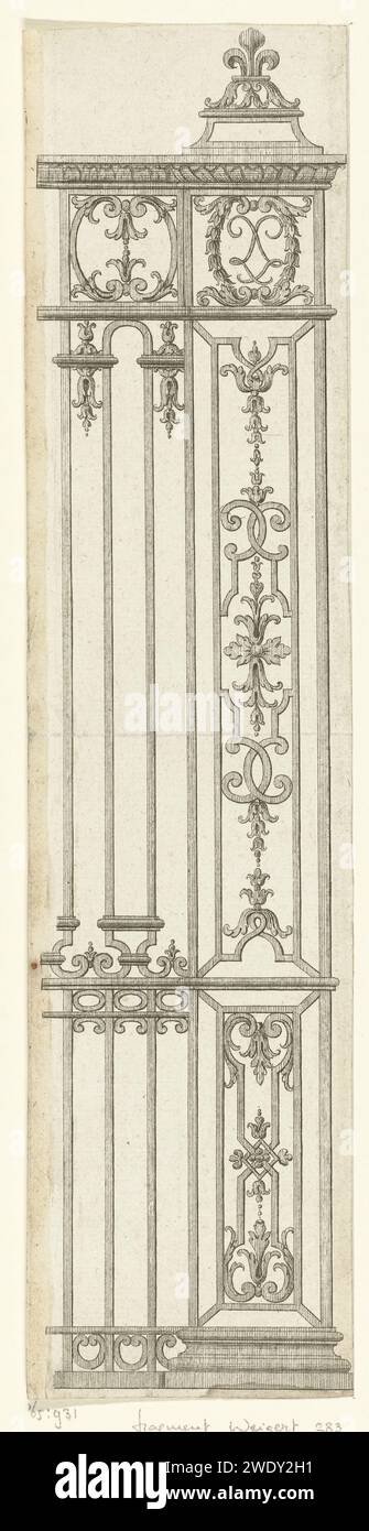 Poort incontrò hoekpilaster, Gérard Jean Baptiste Scotin (i), dopo Jean Berain (le Vieux), nel 1711 circa - prima del 1716 stampa con il monogramma di Luigi XIV in cima. Frammento di pagina 4 dalla serie di 5 fogli. Seconda edizione. Tipografia: Francia (possibilmente)dopo il disegno di: Francia (possibilmente)editore: Paris paper etching Foto Stock