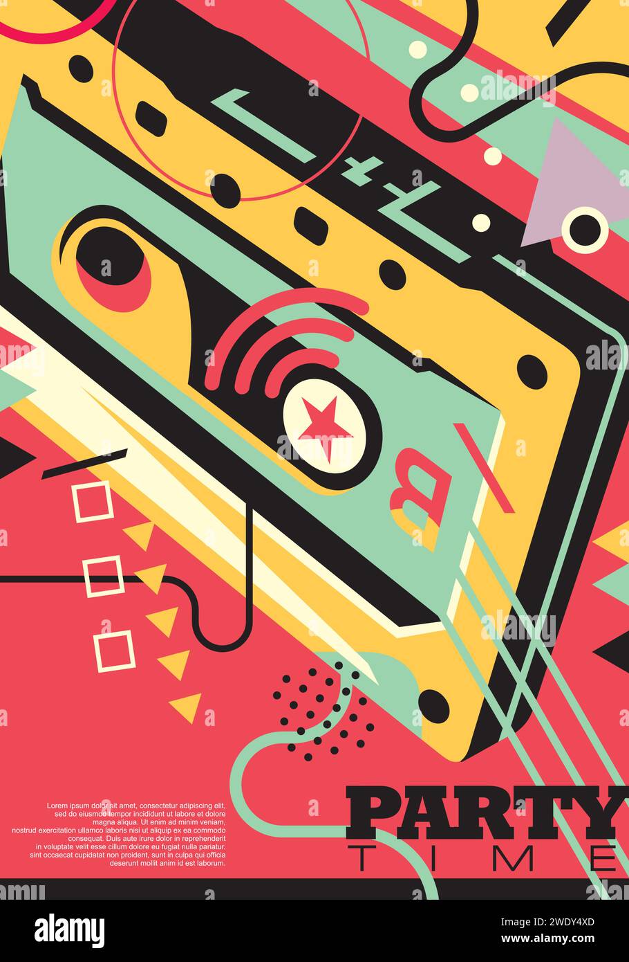 Modello colorato e originale di poster per feste retrò degli anni '90. Layout divertente con grafica su nastro audio. Illustrazione vettoriale di musica e danza. Illustrazione Vettoriale