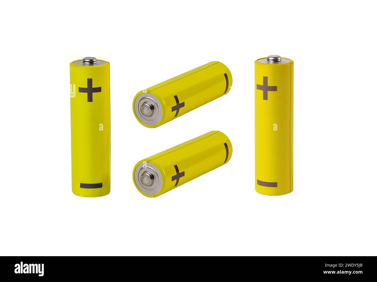 Composizione delle batterie AA. Cilindri gialli isolati su bianco Foto Stock