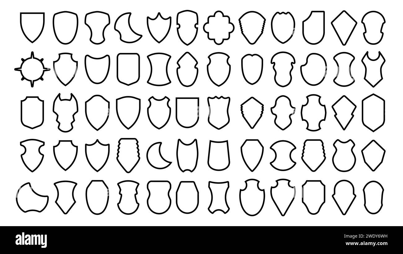 Stemma silhouette di protezione della collezione. Set di icone nere con scudo araldico. Illustrazione vettoriale. Illustrazione Vettoriale