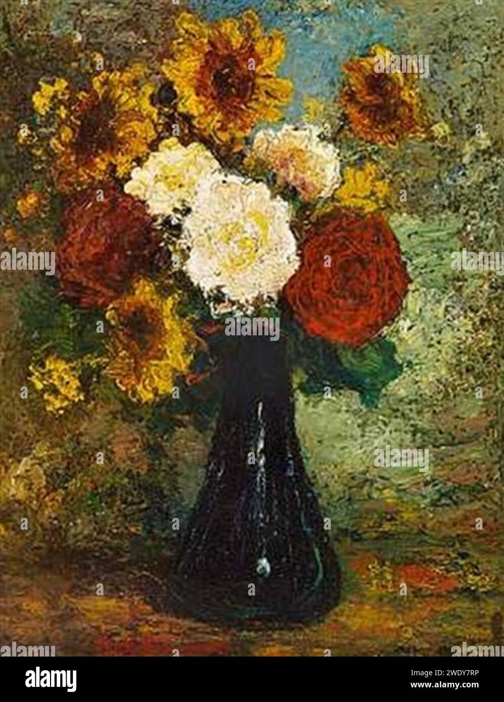 Adolphe-monticelli-rde-hvide-og-gule-blomster-i-en-Vase. Foto Stock