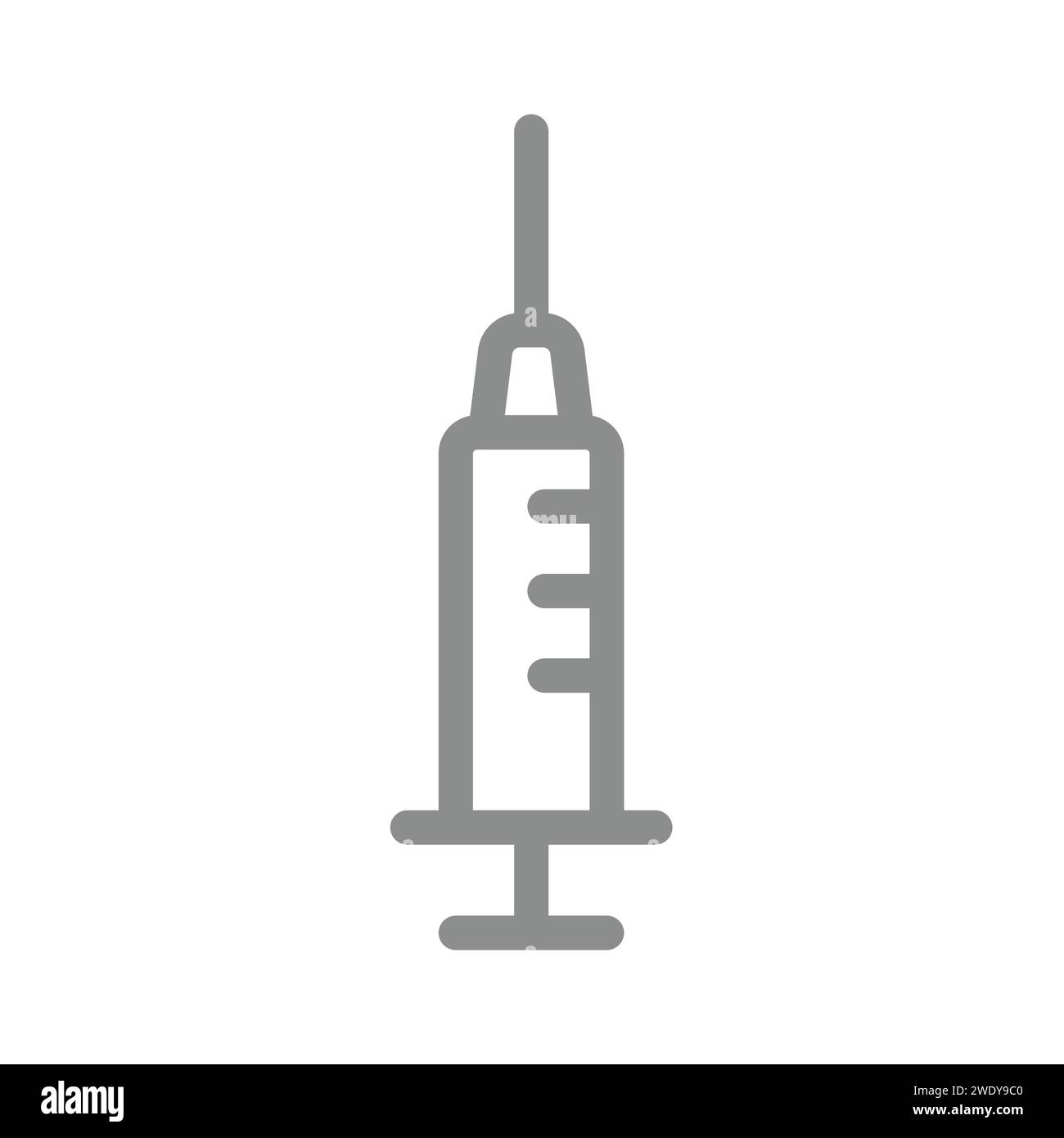 Icona del vettore della linea della siringa. Simbolo del contorno di immunizzazione e iniezione, ictus modificabile. Illustrazione Vettoriale