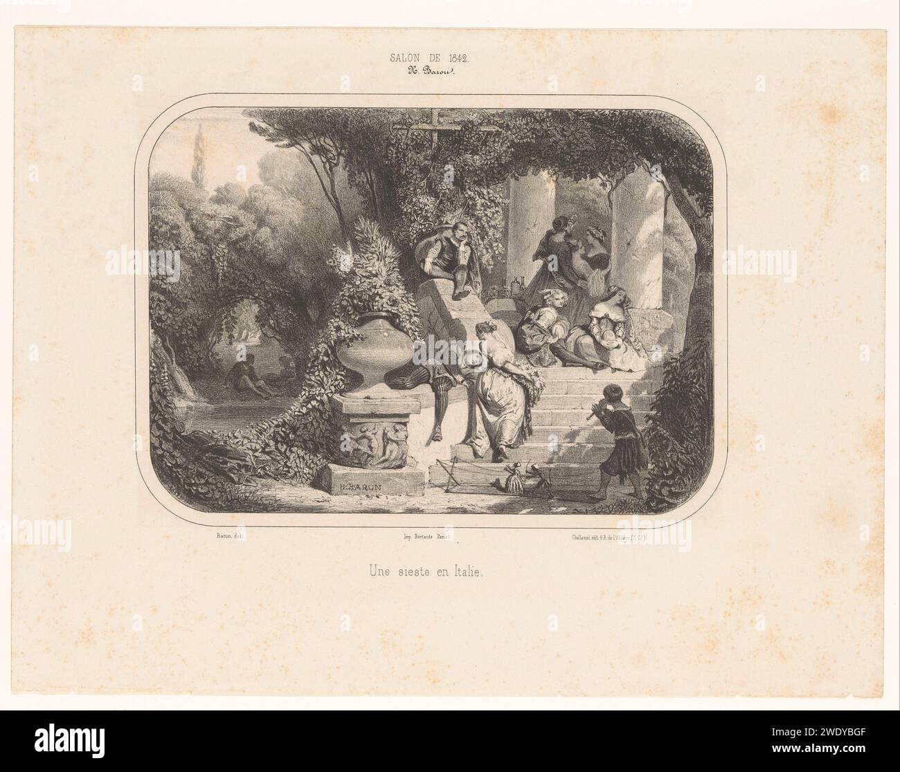 Riposo in compagnia al sole del pomeriggio in un giardino all'italiana, Henri Charles Antoine Baron, 1842 stampa di carta di Parigi feste private, allegra compagnia - AA - all'aria aperta, 'fÃªte champÃªtre'. giardino dell'amore, corte dell'amore, "fÃªte galante". siesta - BB - fuori porta Foto Stock