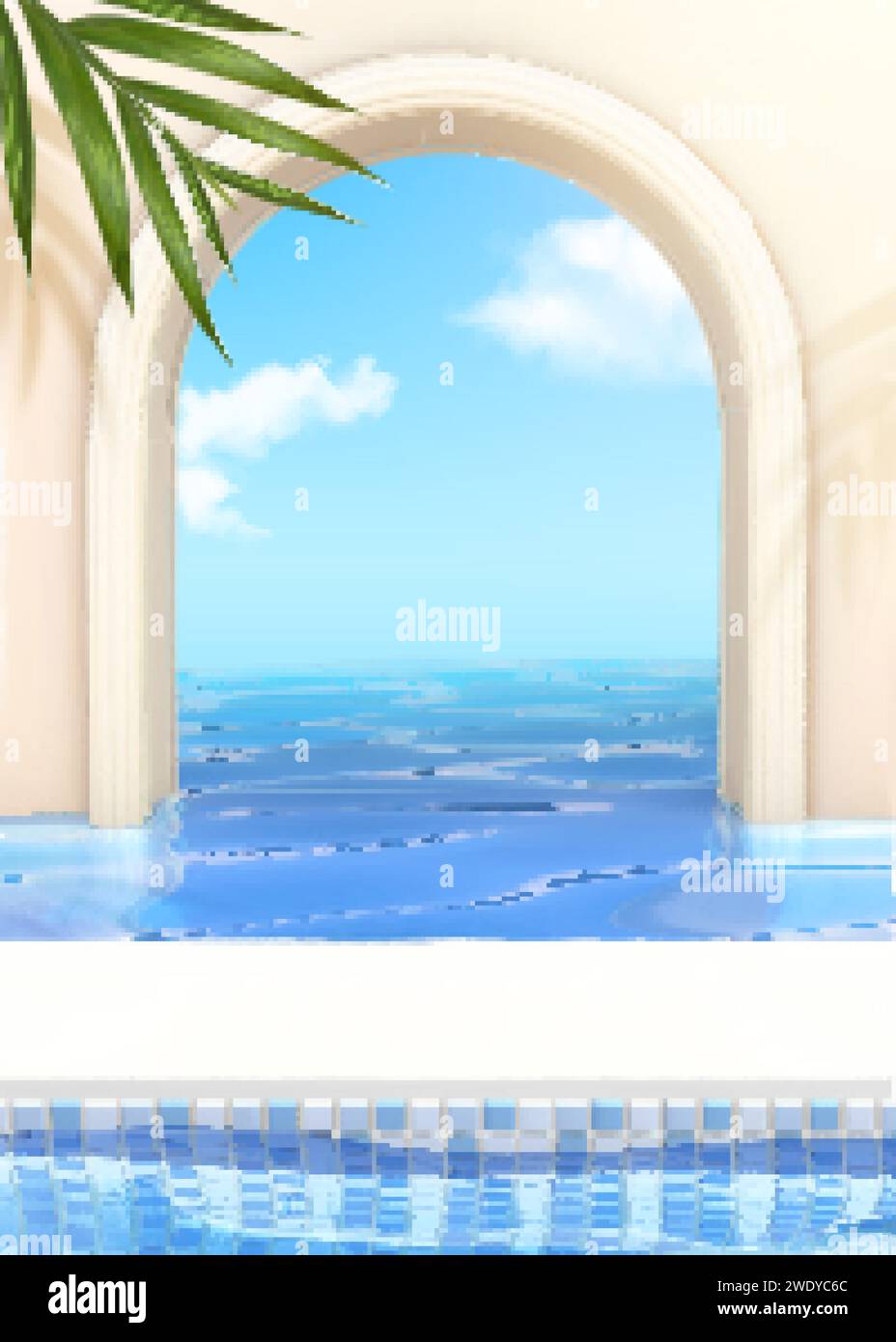 sfondo 3d infinity pool. Illustrazione dell'arco bianco e della piscina di piastrelle blu riempita di acqua cristallina Illustrazione Vettoriale