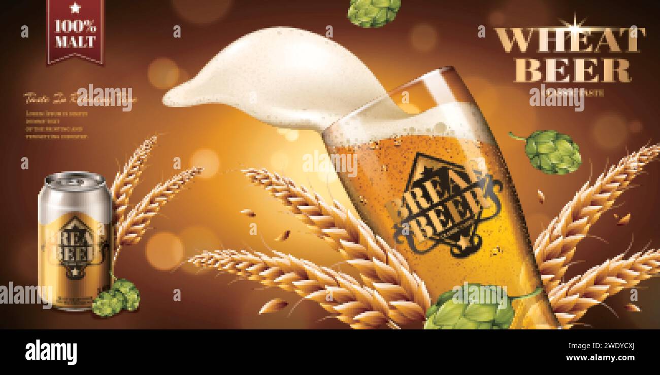 Annunci di birra di frumento con ingredienti su sfondo bokeh in illustrazione 3d. Illustrazione Vettoriale