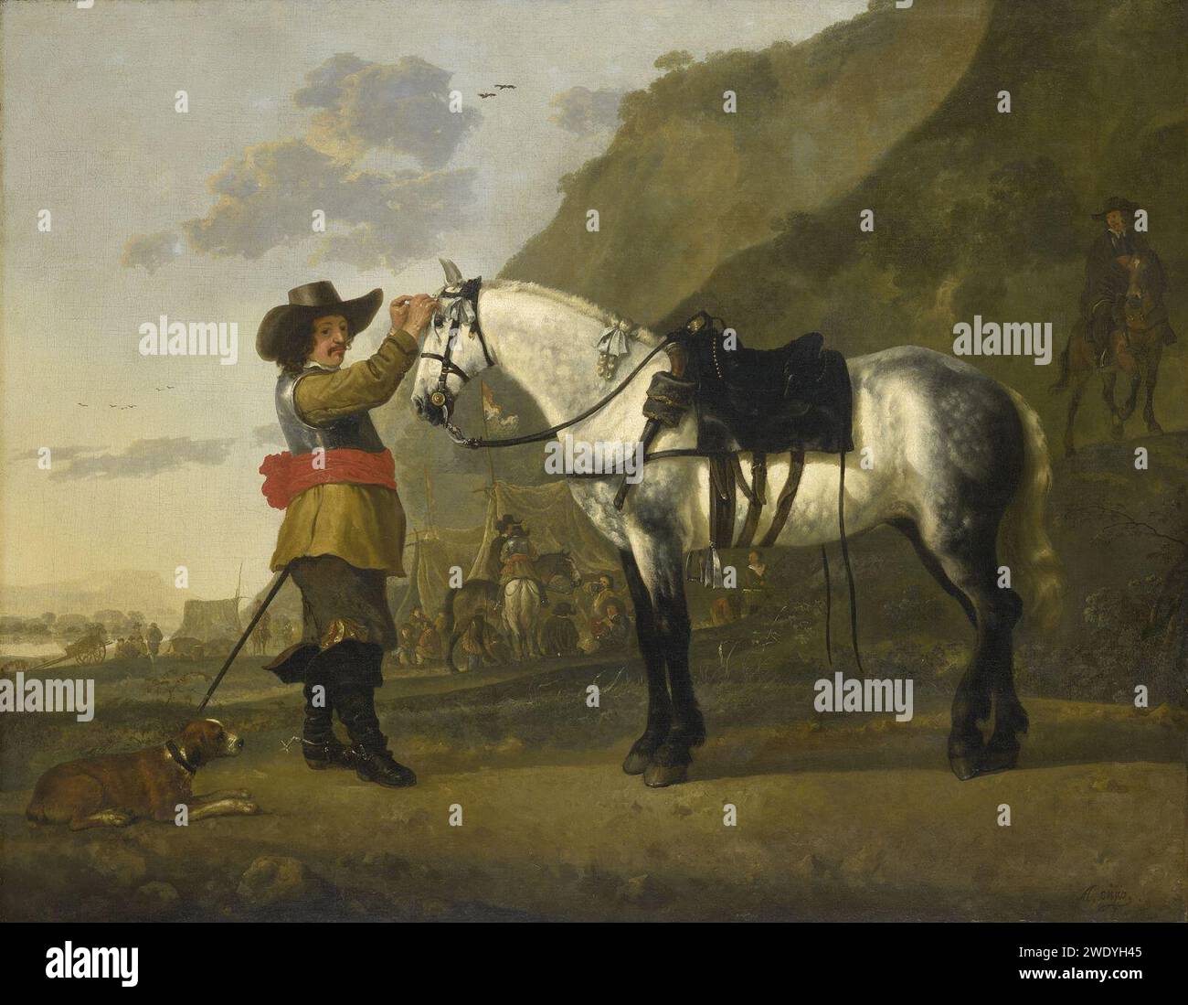 Aelbert Cuyp (Dordrecht 1620-Dordrecht 1691) - Un trooper di cavalleria che decora il suo cavallo grigio con uno Spaniel sdraiato ai suoi piedi Foto Stock