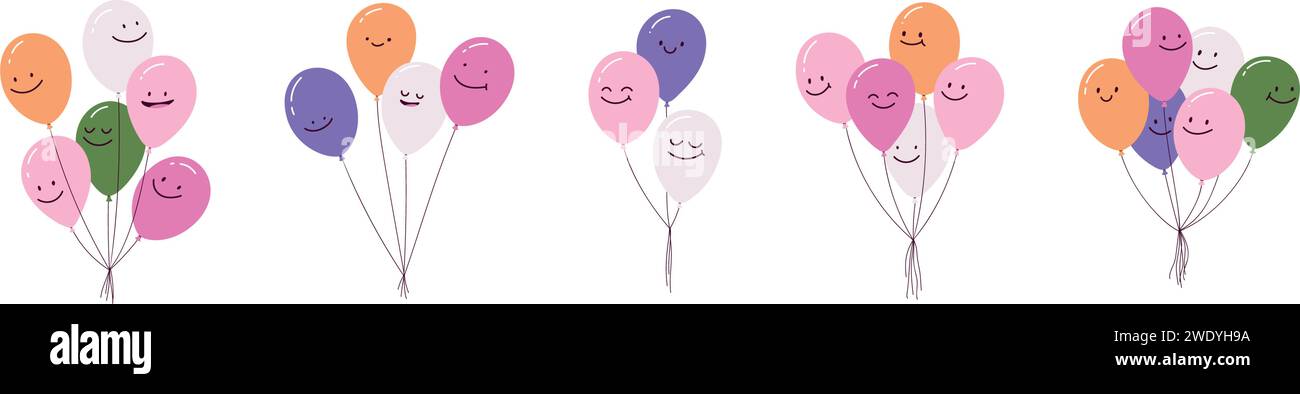 Palloncino semplice e divertente, personaggi sorridenti adatti ai bambini. Illustrazione vettoriale piatta isolata su sfondo bianco. Illustrazione Vettoriale