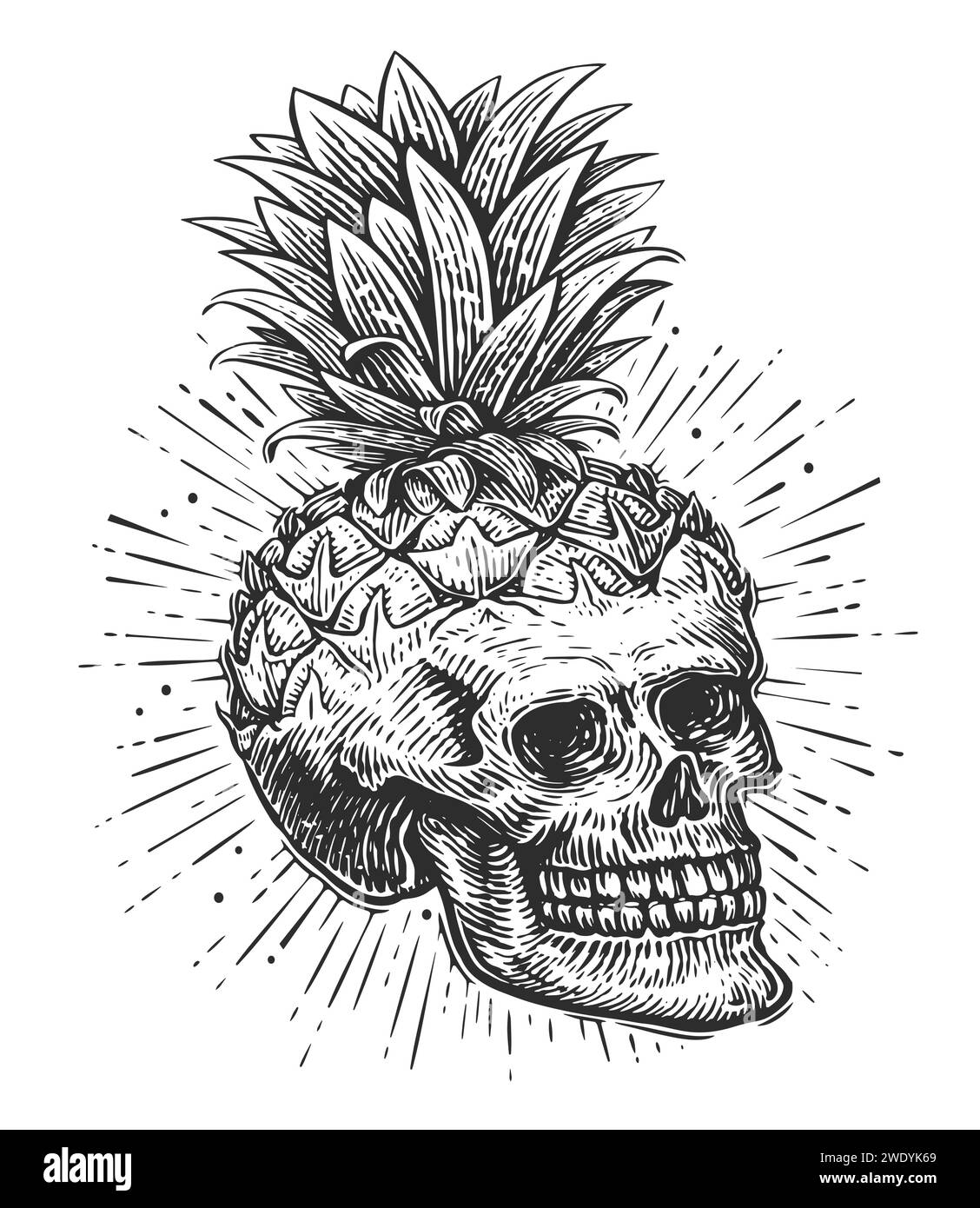 Incisione del cranio umano. Ananas con testa scheletrica. Disegno a mano illustrazione vettoriale vintage Illustrazione Vettoriale