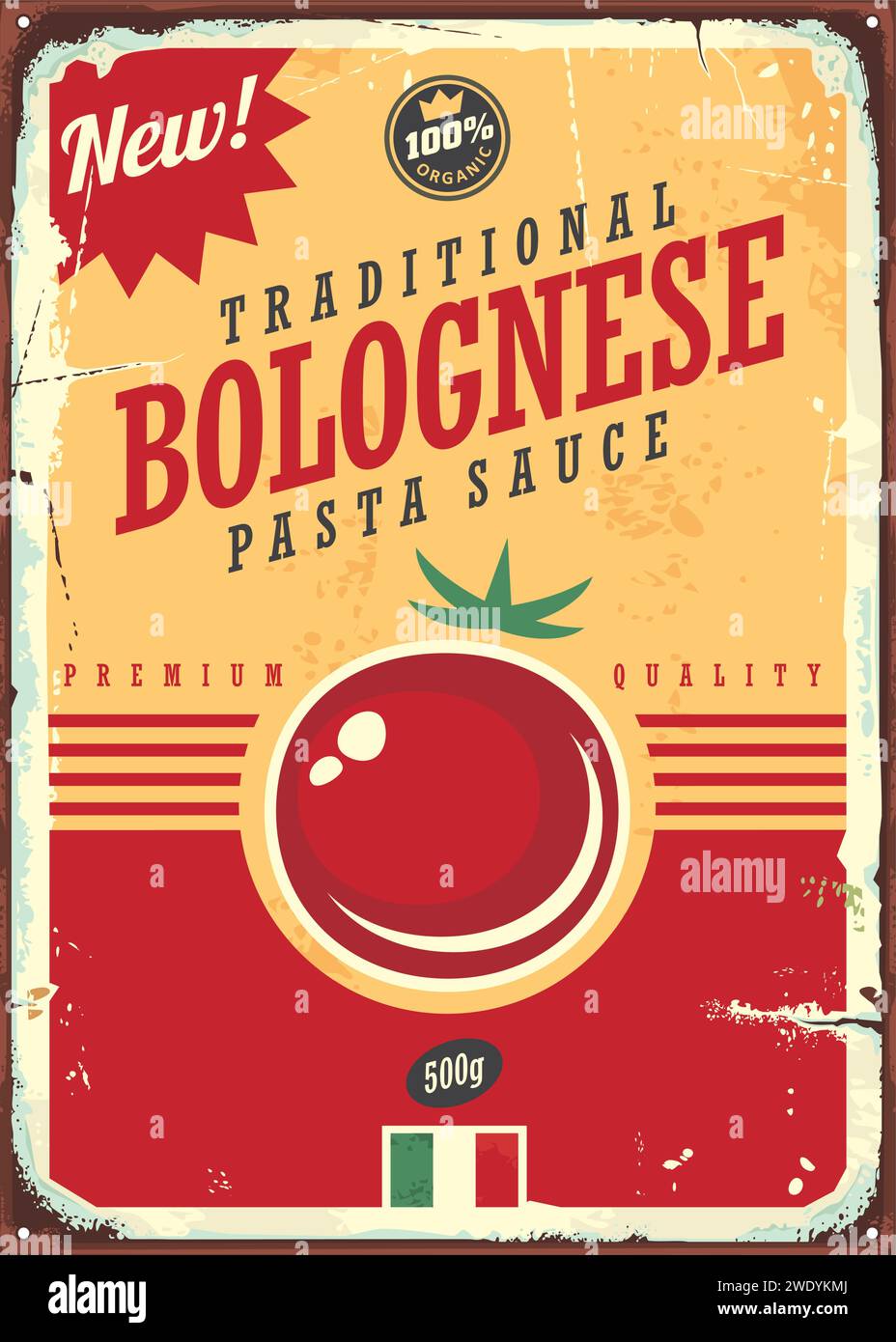 Pubblicità per la salsa di pomodoro alla bolognese. Insegna del cibo vintage. Immagine vettoriale. Illustrazione Vettoriale