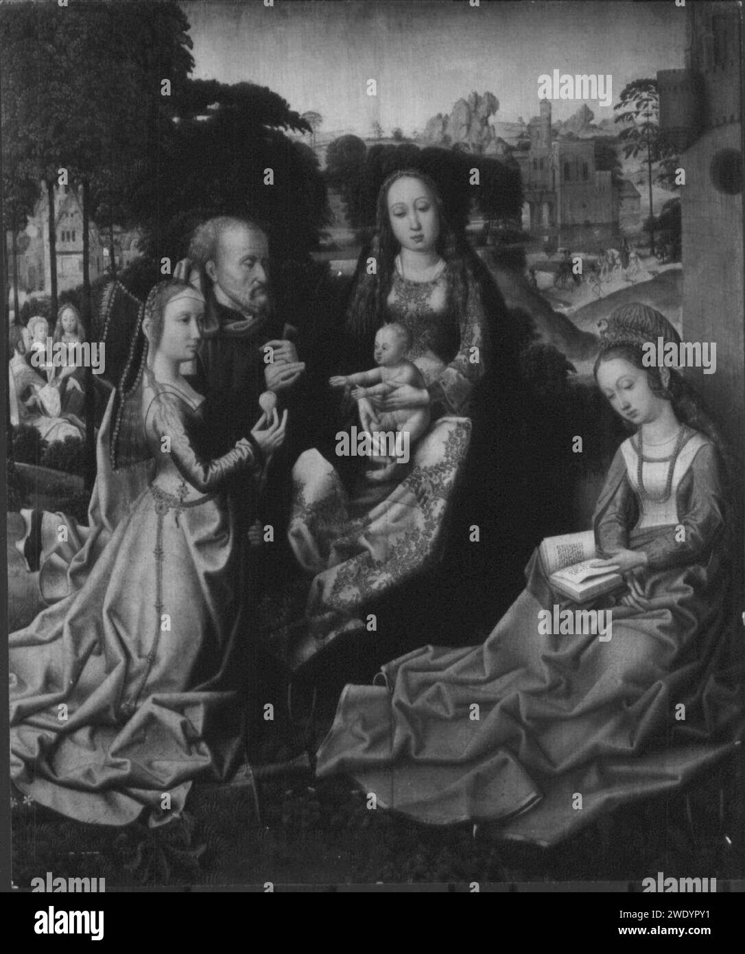 Dopo Maestro di Francoforte (1460 - c.1533) - la Sacra famiglia con i santi Caterina e Barbara Foto Stock