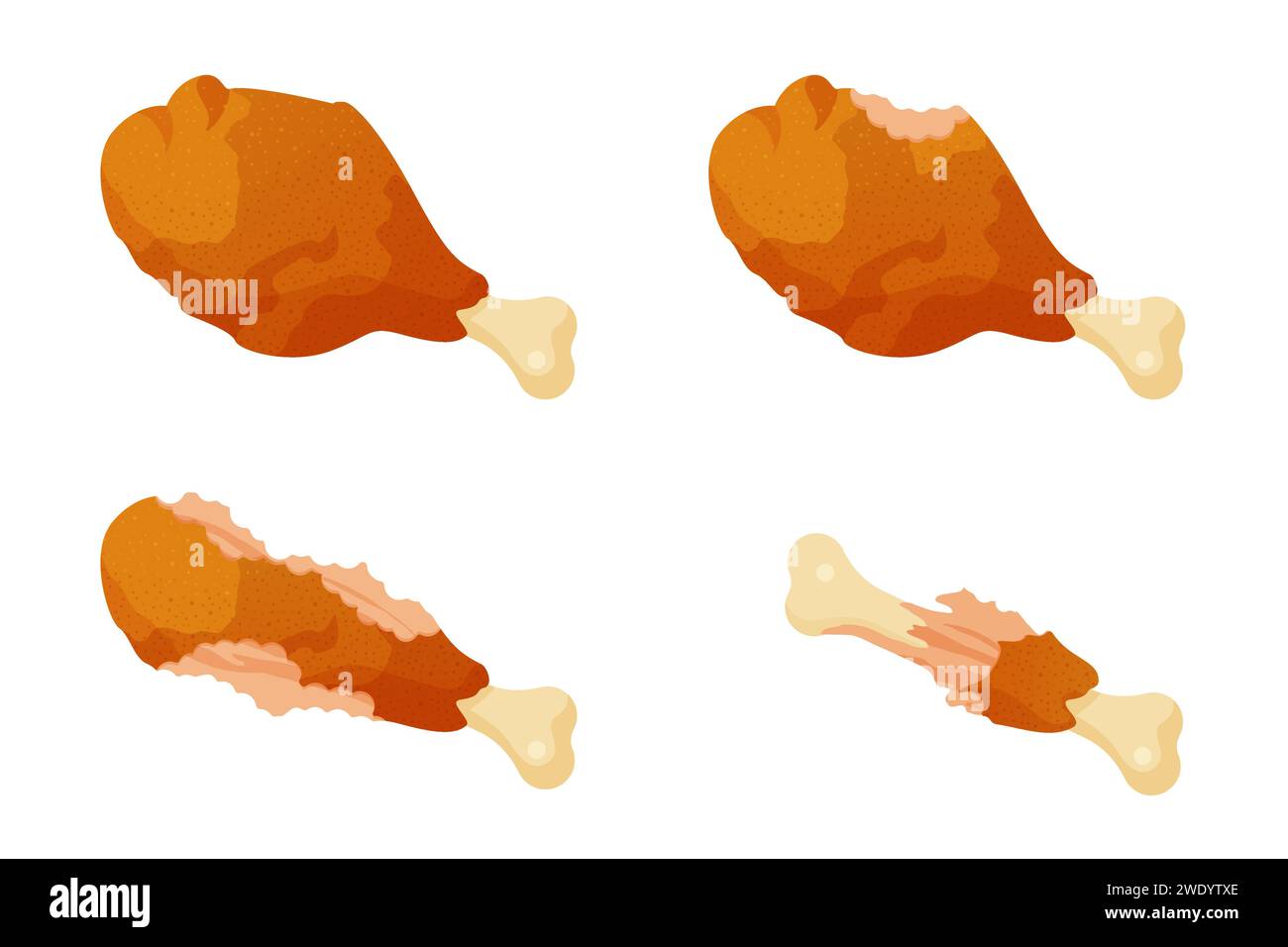 Cosce di pollo mangiate, animazione del gioco in sequenza. Fasi animate di mangiare bacchette fritte intere con pelle croccante, passi di movimento tra la coscia e l'osso con piccoli pezzi illustrazioni vettoriali dei cartoni animati Illustrazione Vettoriale