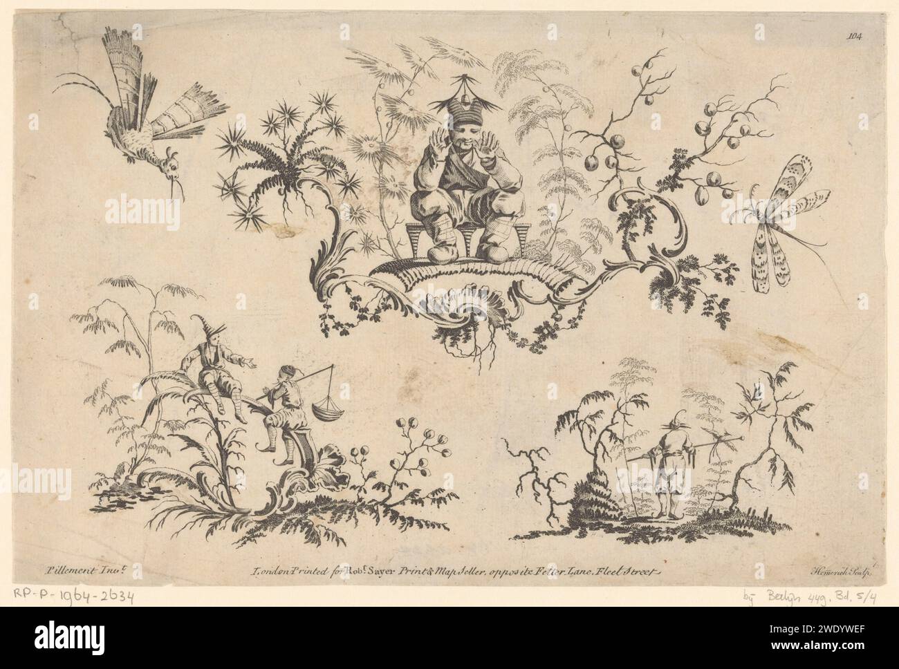 Tre paesaggi con figure, Cornelius Heinrich Hemerich, dopo Jean Baptiste Pillement, stampato nel 1762 nel mezzo di un paesaggio con un uomo seduto, tiene le mani in alto. Lasciato sotto un paesaggio con due uomini seduti, l'uomo a destra indossa un cesto sulle spalle. Visto a destra sotto un paesaggio con un uomo che corre dietro, tiene un bastone con un uccello in posizione orizzontale. Sinistra e destra sopra un drago e una libellula. Numerato sopra 104. Paesaggi di incisione della carta di Londra (+ paesaggio con figure, personale) Foto Stock