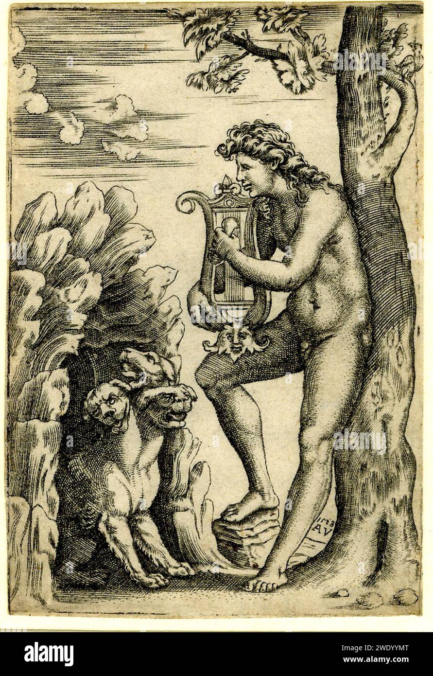 Agostino Veneziano - Orfeo, addossato ad un albero, giocando la lira con il cane a tre teste Cerberus che emerge da una grotta a sinistra., 1840,0808,6. Foto Stock