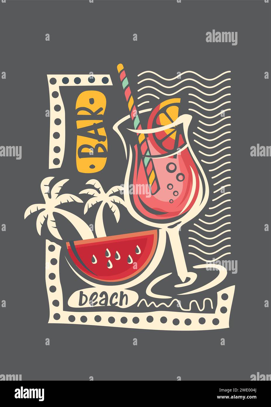 Stampa di abbigliamento per la maglietta estiva. Bicchiere da cocktail e modello artistico per banner a fette di anguria. Illustrazione vettoriale tropicale. Illustrazione Vettoriale
