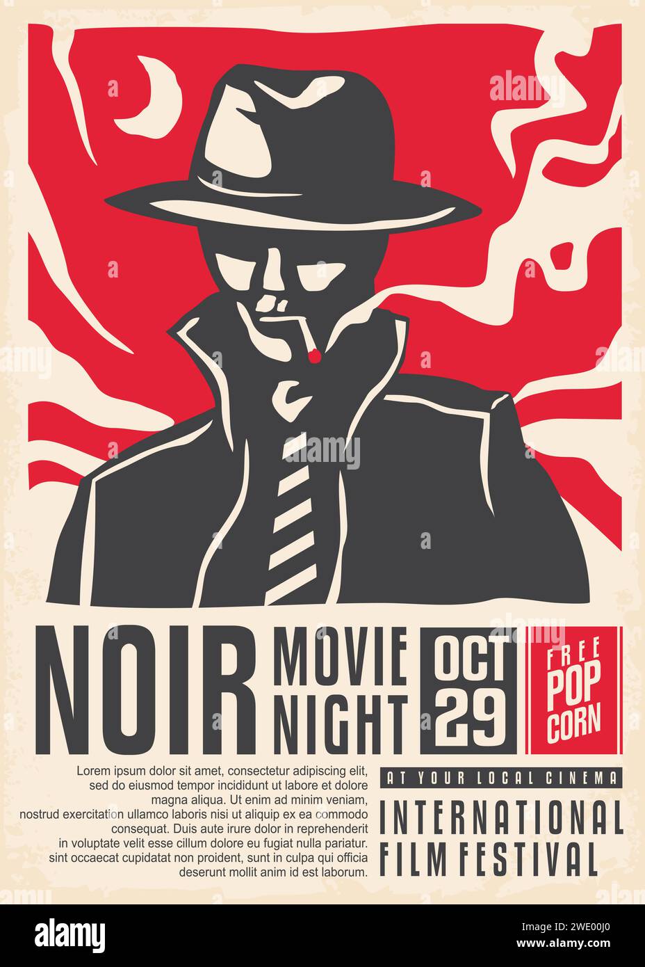 Poster vintage Noir Movies. Detective con sigaretta in piedi al chiaro di luna, concept pubblicitario retrò per eventi cinematografici. Illustrazione vettoriale. Illustrazione Vettoriale