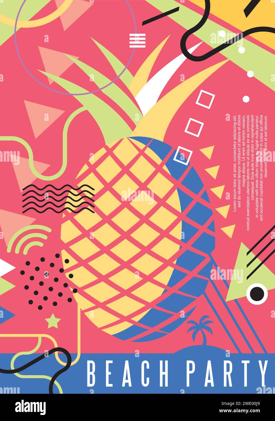 Poster artistico per feste in spiaggia con ananas colorato e vari elementi di design. Design dell'invito a una festa vettoriale. Illustrazione Vettoriale