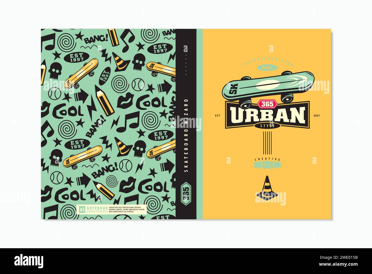 Design della copertina del notebook e del layout della copertina posteriore. Notebook ragazzo con skateboard, disegni a matita e scarabocchio. Modello di stampa vettoriale per i libri scolastici. Illustrazione Vettoriale