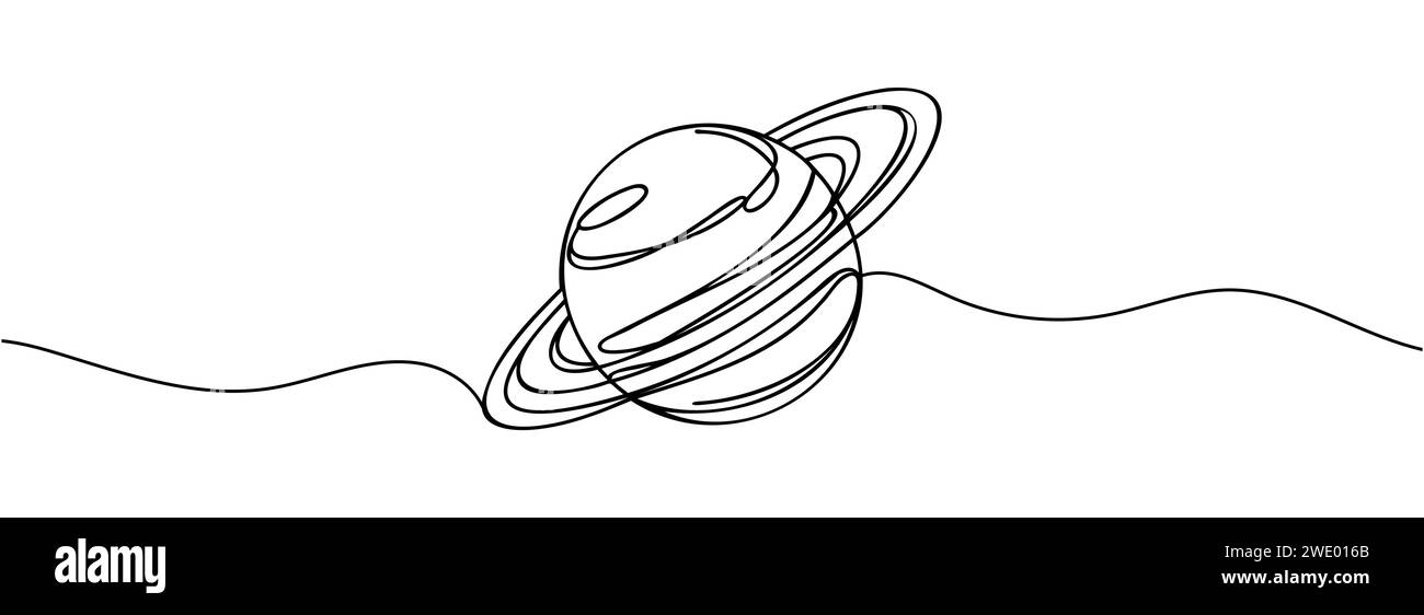 Pianeta Saturno con disegno continuo a una linea Illustrazione Vettoriale