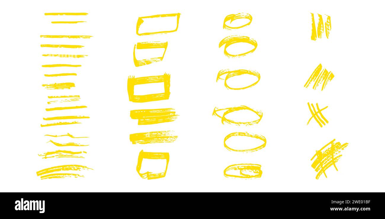 Pennelli ed elementi per le note che evidenziano il testo. Tratti dei quadrati ovali in giallo. Illustrazione vettoriale... Illustrazione Vettoriale