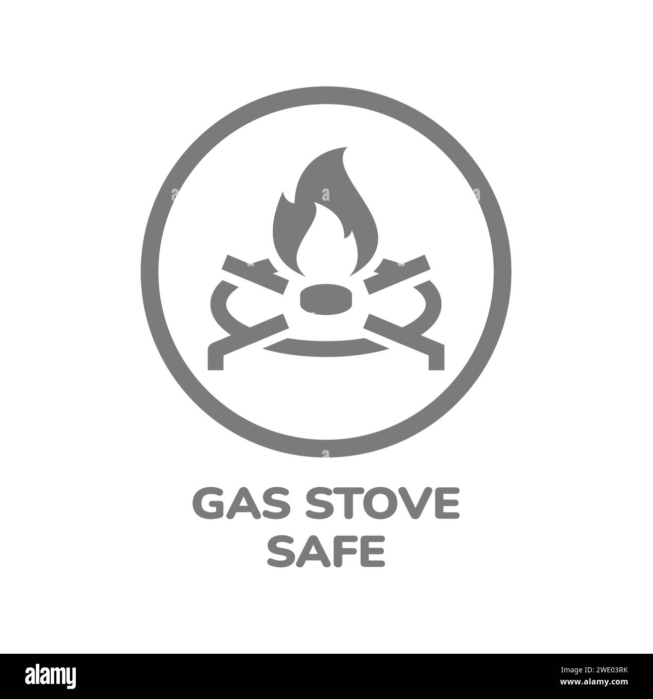 Etichetta vettoriale sicura per i fornelli a gas. Icona di stoviglie, pentole e padelle. Illustrazione Vettoriale