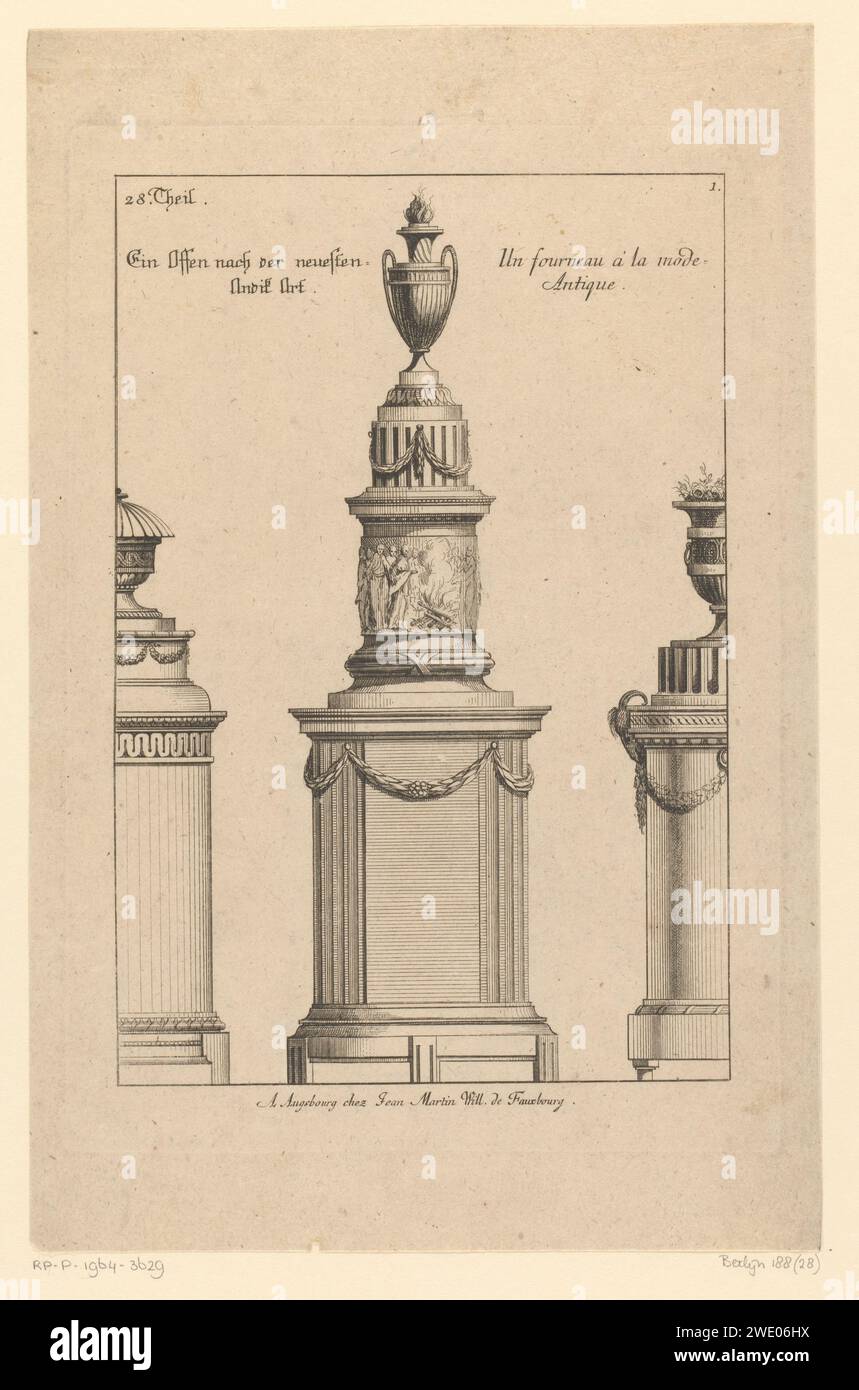 Tre stufe con vasi, Anonimo, dopo Francesco Boucher, 1737 - 1806 stampa tre riscaldatori con vasi e ghirlande. La stufa centrale con un'immagine di figure intorno al fuoco. Stufa riscaldante per incisione/incisione con carta di Augusta. vaso  ornamento. ci si riscalda davanti a un fuoco (o focolare, fornello, padella del fuoco, braciere) Foto Stock