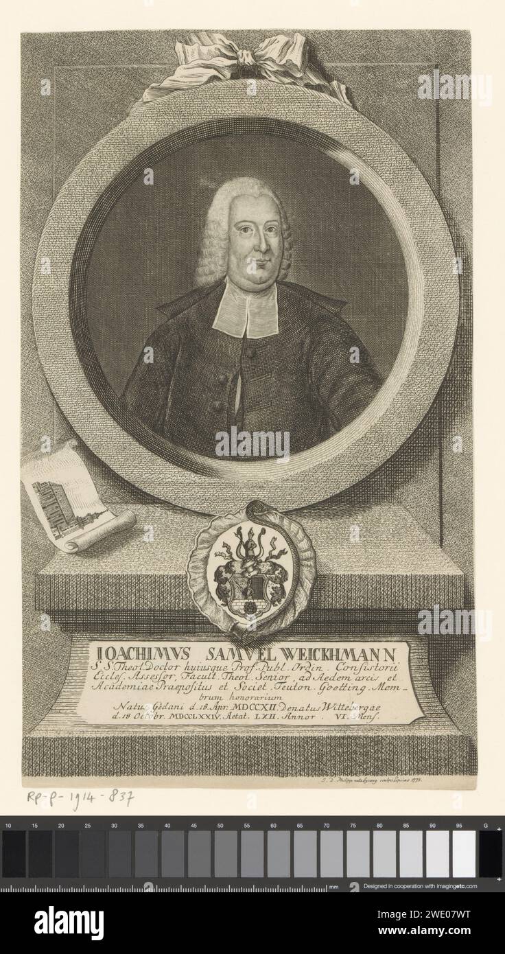 Portret van Joachim Samuel Weickhmann, Johanna Dorothea Sysang, 1775 stampa Leipzig paper Engraving Historical Persons. cuscinetto araldico. chiesa (esterno) Foto Stock