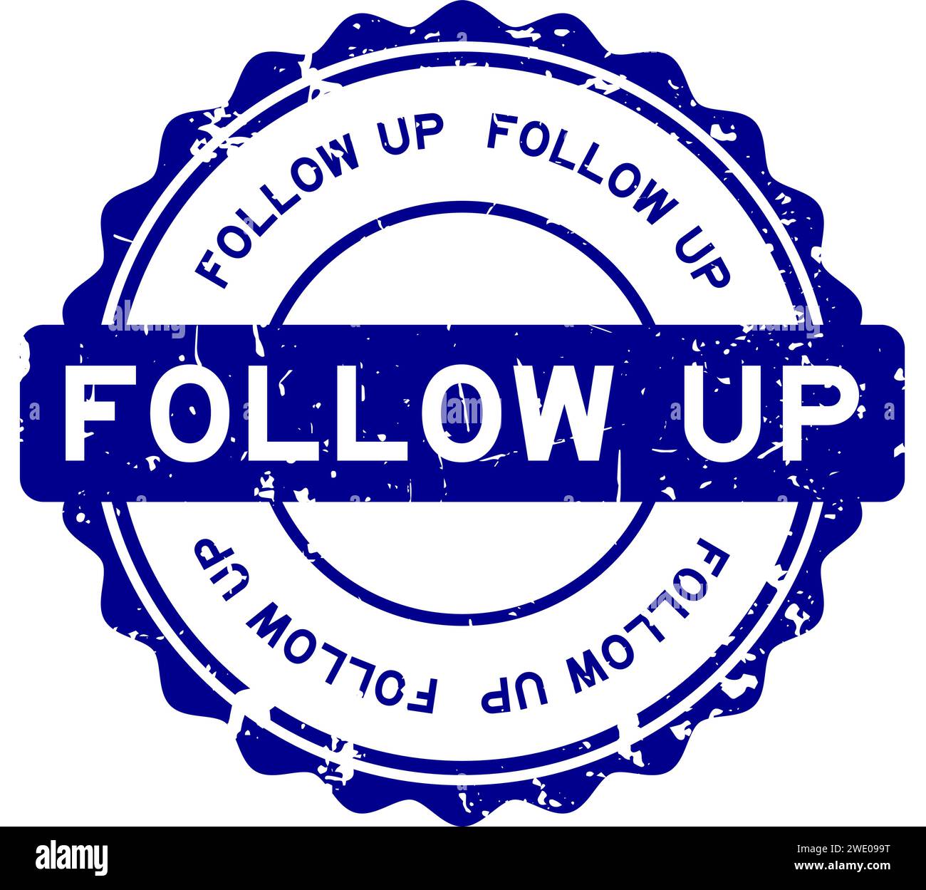 Grunge blu Follow-up parola rotonda guarnizione in gomma stampigliata su sfondo bianco Illustrazione Vettoriale