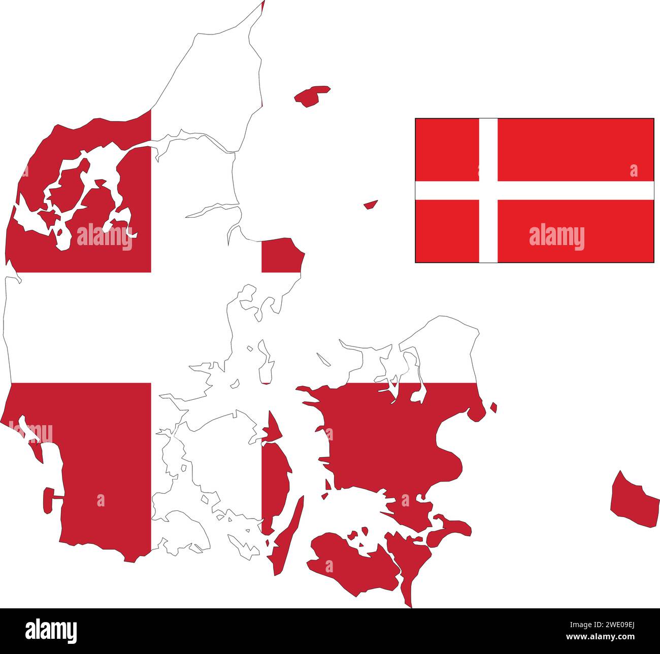 Mappa e bandiera della Danimarca su sfondo bianco. Illustrazione vettoriale Illustrazione Vettoriale