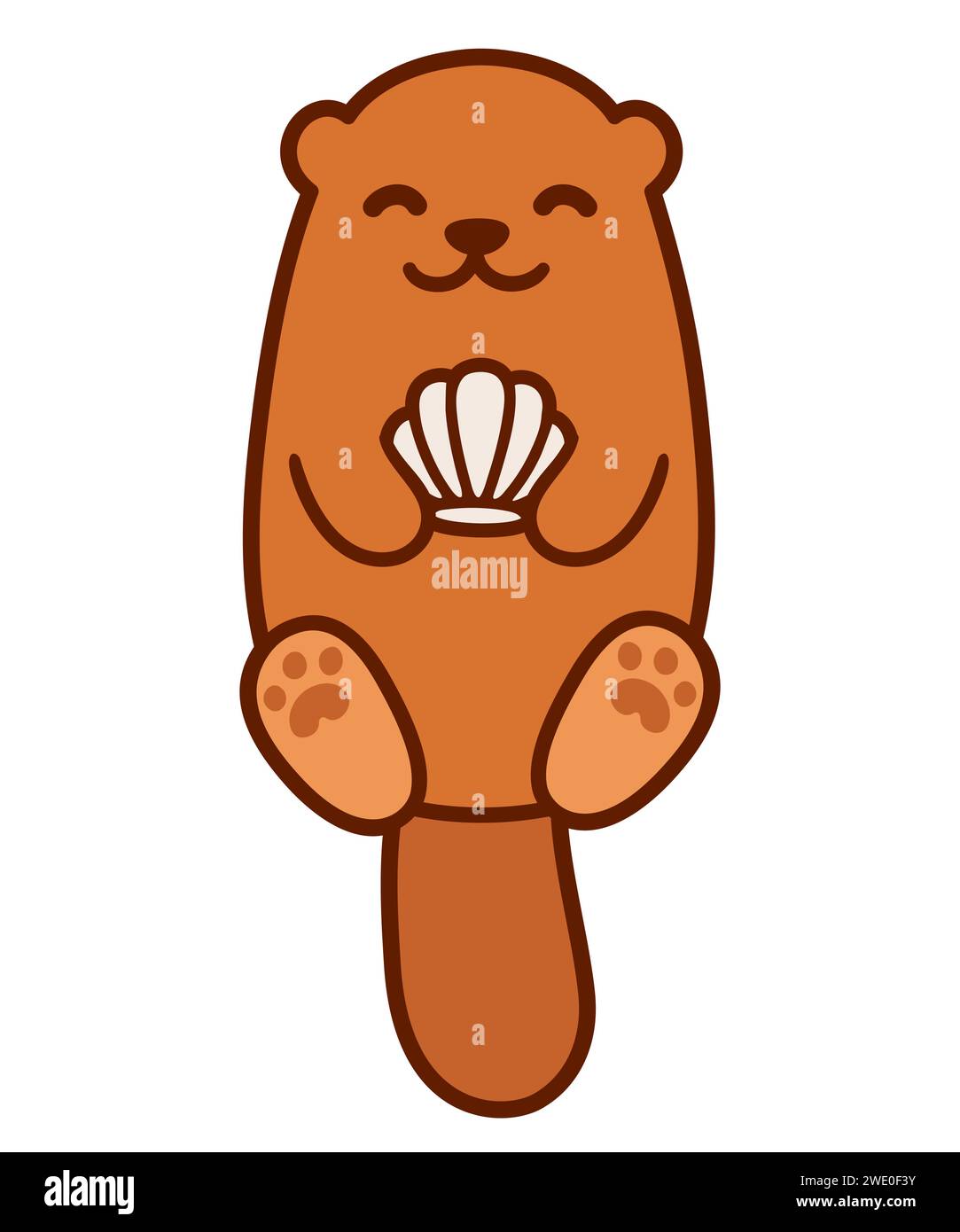 Carino lontre cartoon tenendo sashell. Divertente disegno di animali in semplice stile kawaii. Illustrazione grafica del clip di caratteri vettoriali. Illustrazione Vettoriale